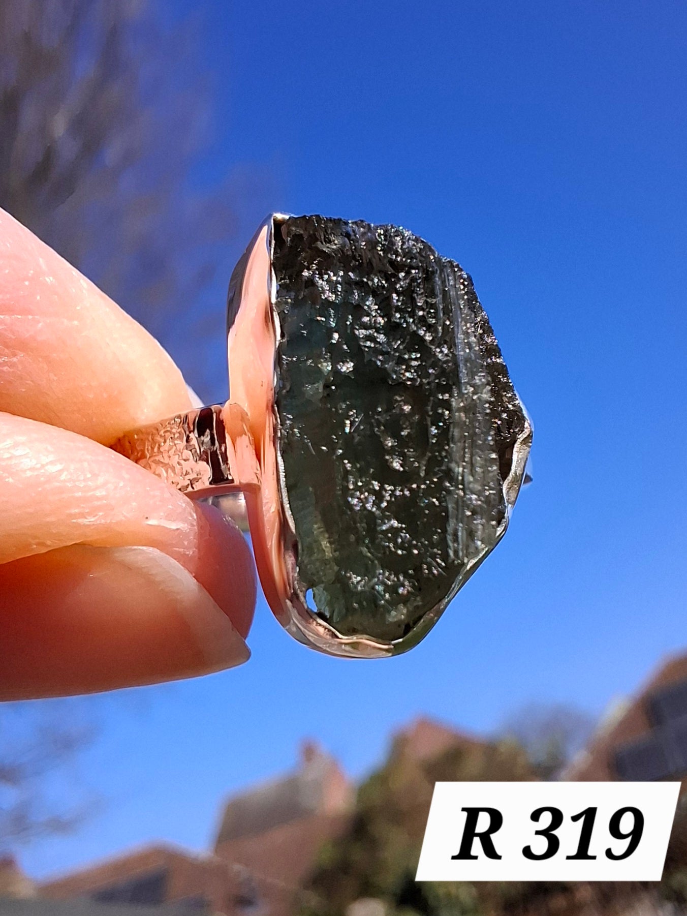 Moldavite Ring, size large R/small S, 925 Silver, Tektite (Ref: R319)