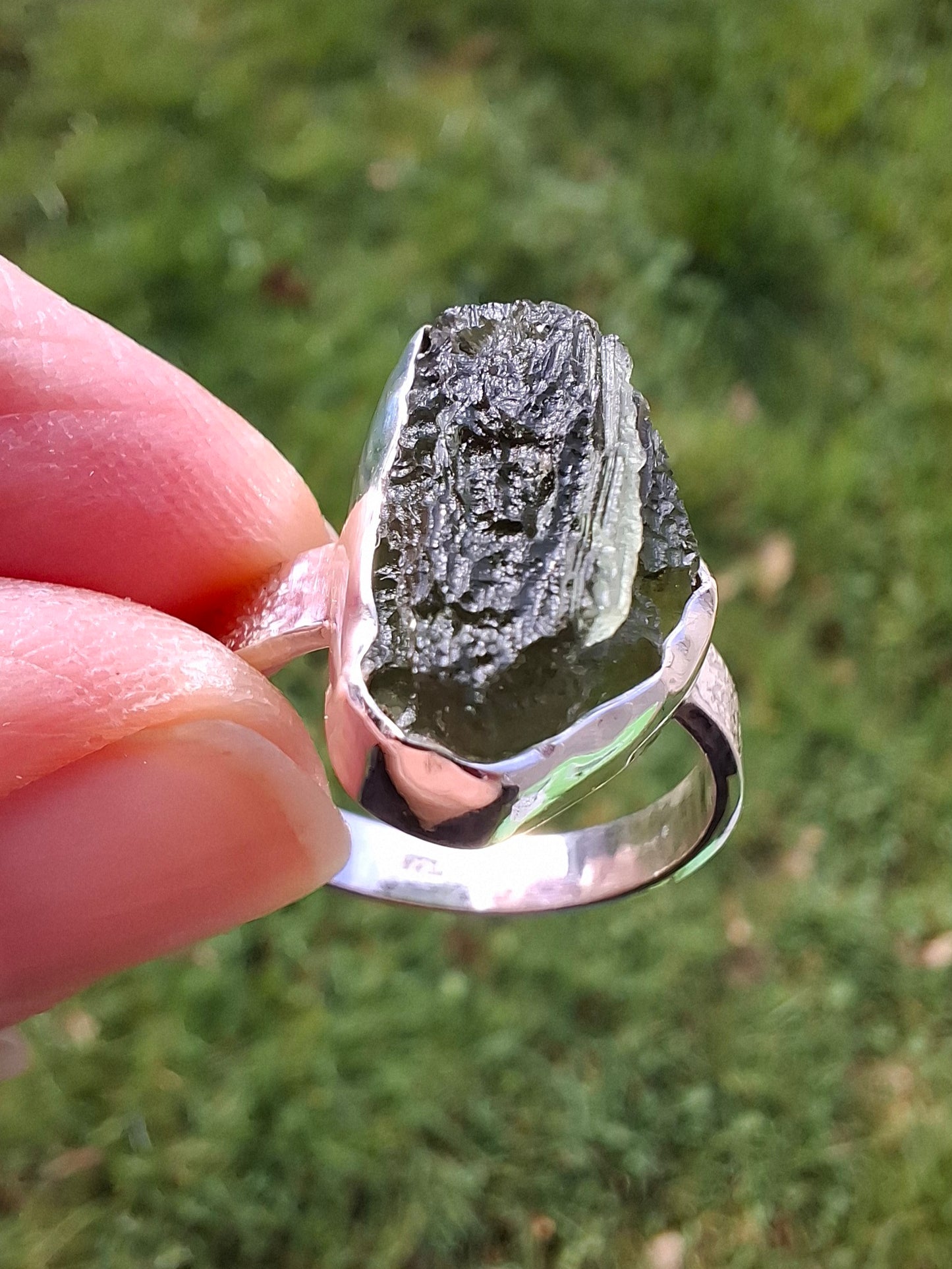 Moldavite Ring, size large R/small S, 925 Silver, Tektite (Ref: R319)