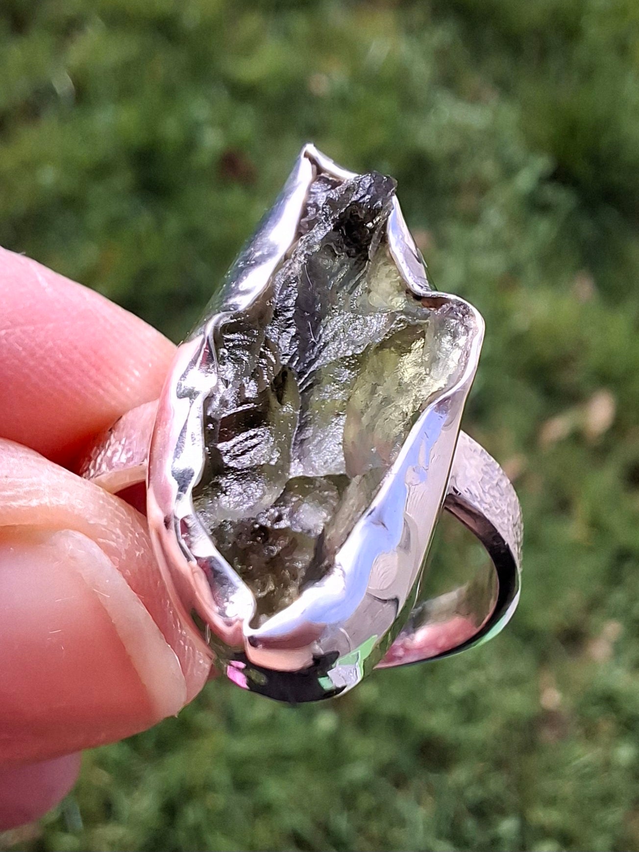 Moldavite Ring, size small U, 925 silver, Tektite (Ref: R321)