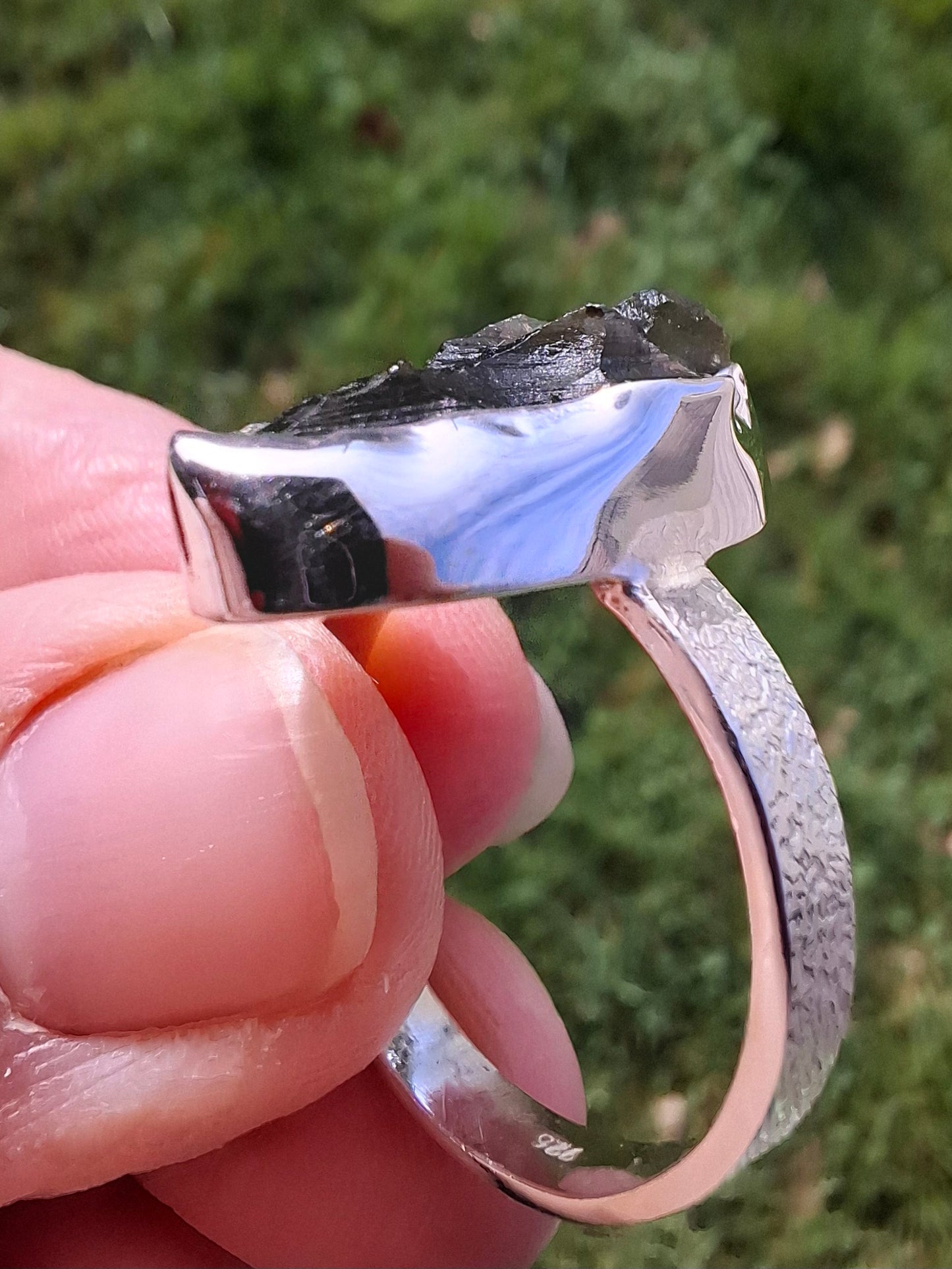 Moldavite Ring, size small U, 925 silver, Tektite (Ref: R321)