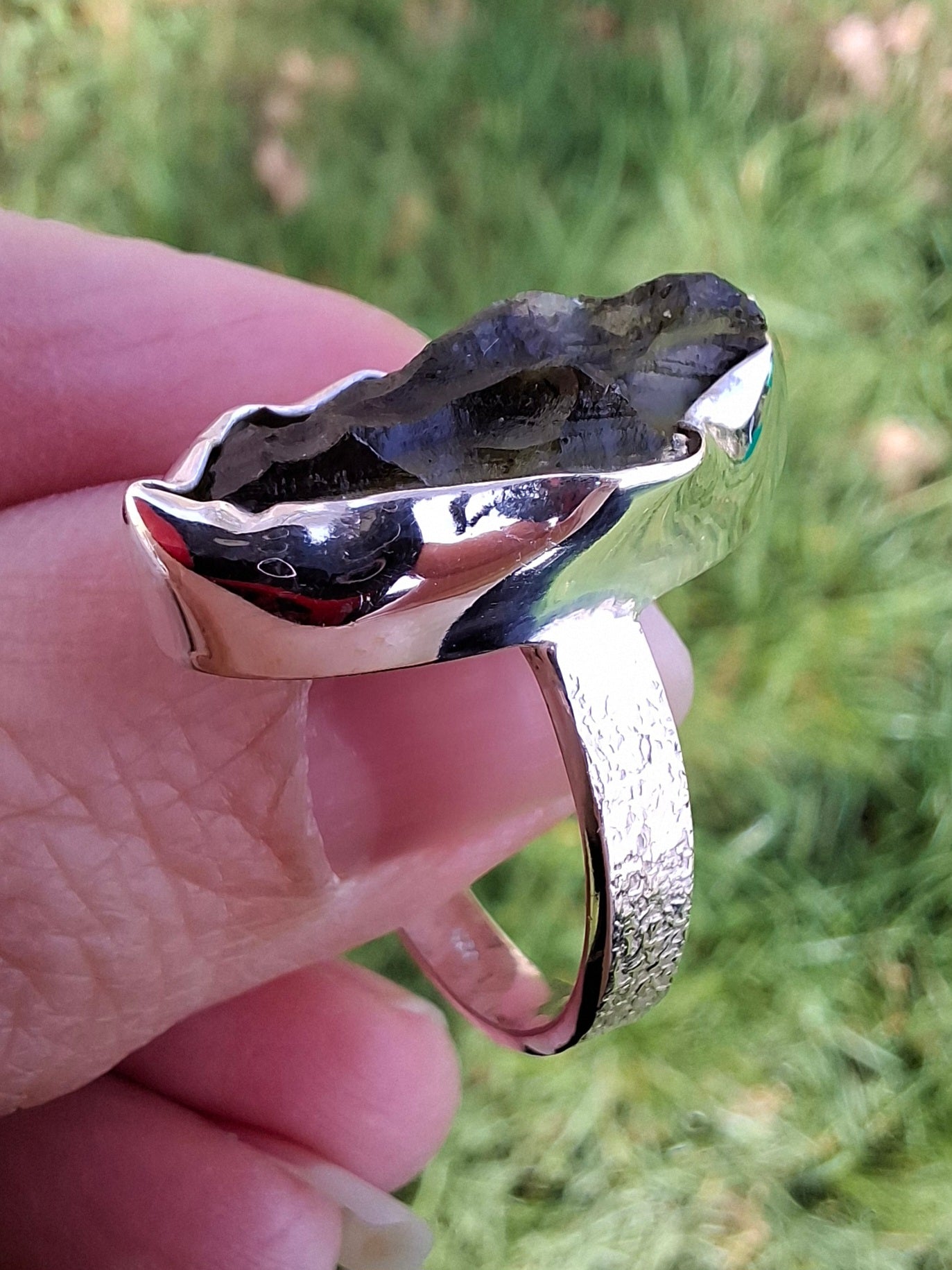 Moldavite Ring, size small U, 925 silver, Tektite (Ref: R321)