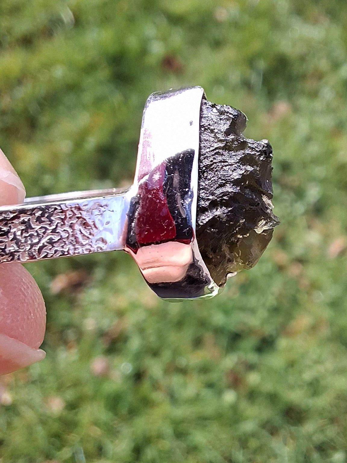 Moldavite Ring, size U, 925 Silver, Tektite (Ref: R323)