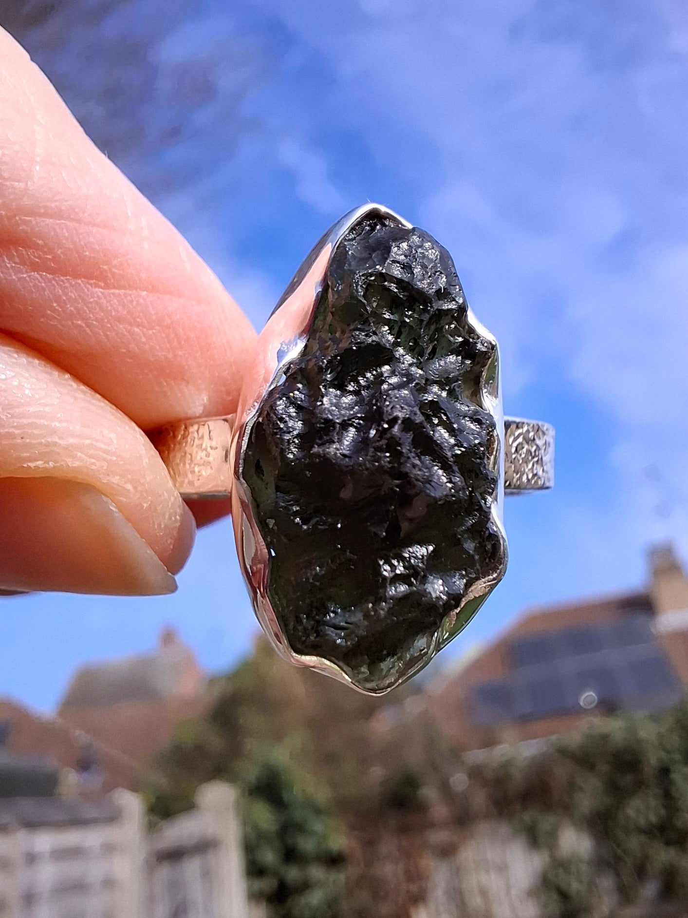 Moldavite Ring, size U, 925 Silver, Tektite (Ref: R325)