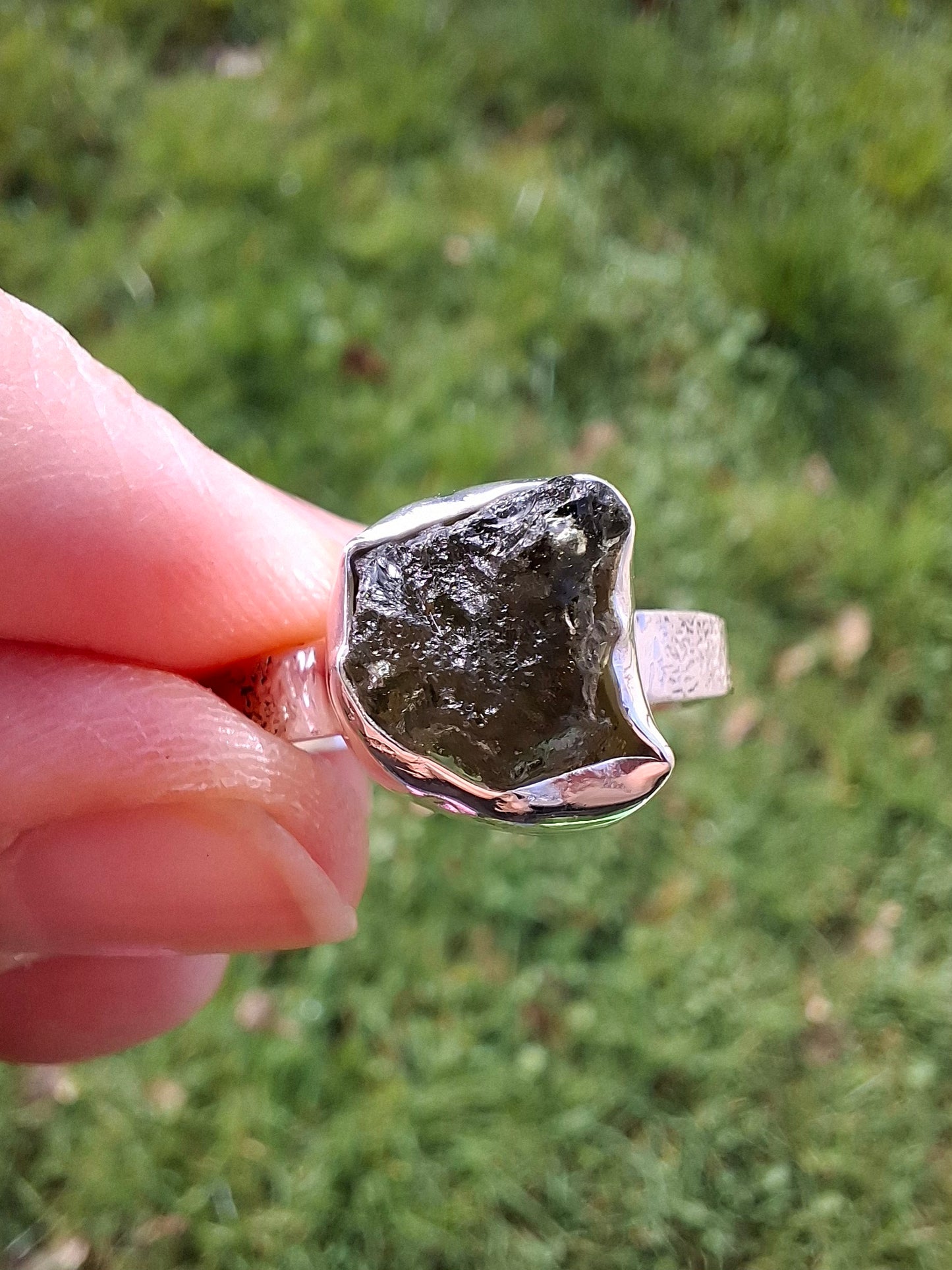 Moldavite Ring, size V, 925 Silver, Tektite (Ref: R326)
