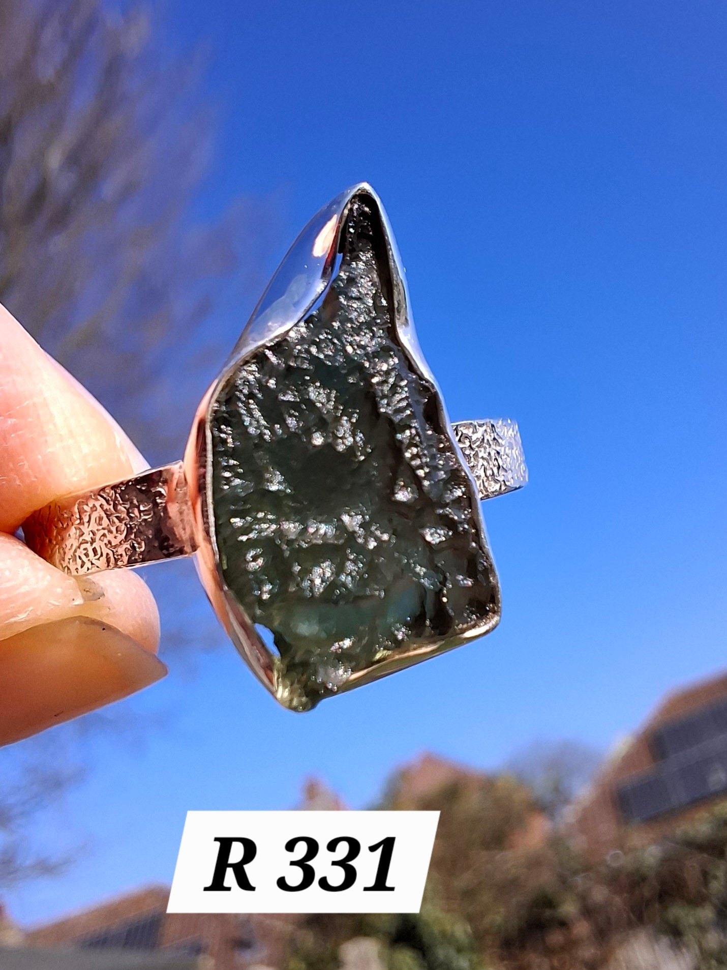 Moldavite Ring, size Y, 925 Silver, Tektite (Ref: R331)