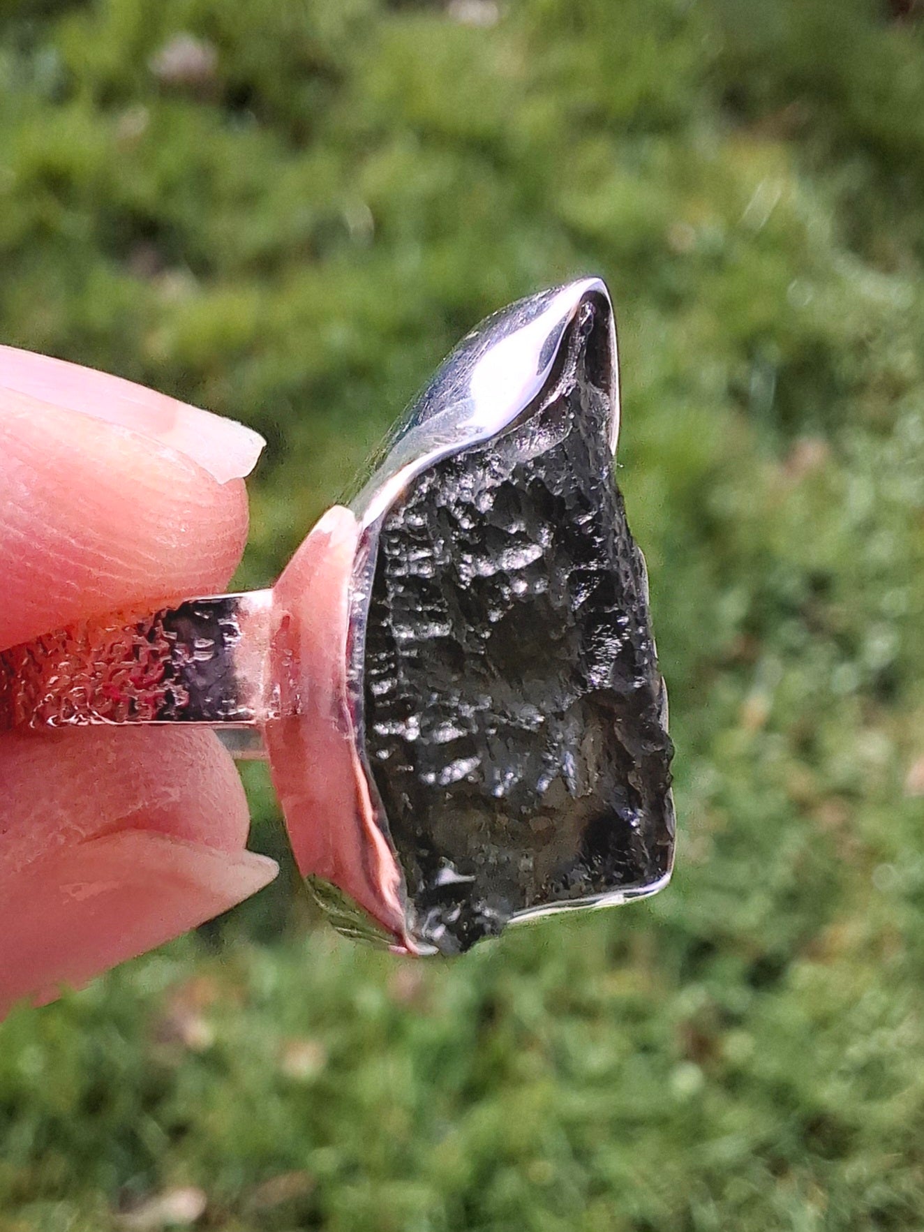 Moldavite Ring, size Y, 925 Silver, Tektite (Ref: R331)