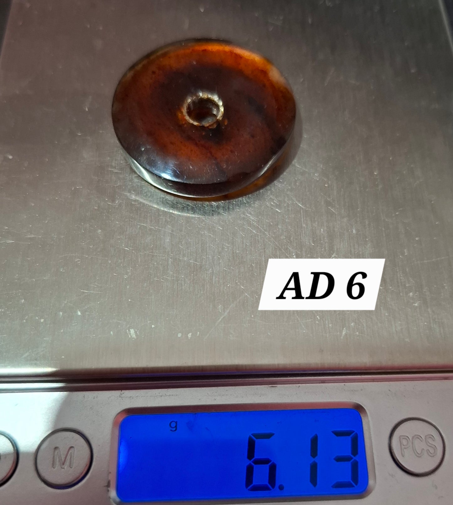 Red Amber Disc / Doughnut carving, sphere holder, 6.13g, Fossil (Ref: AD6)
