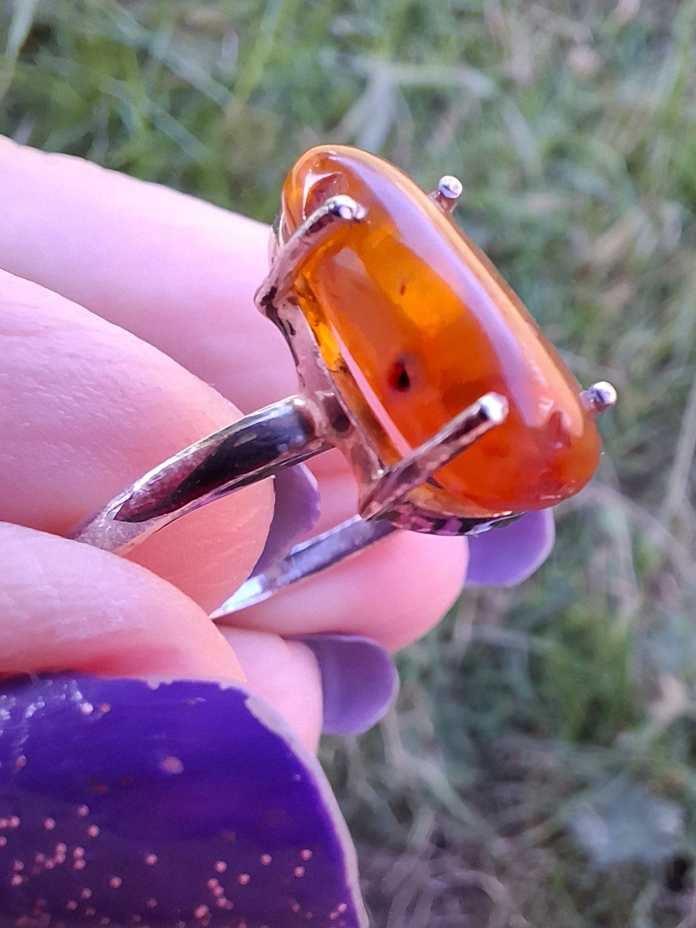 Baltic Amber Ring, size large V, 925 Silver, Fossil (Ref: AR23)