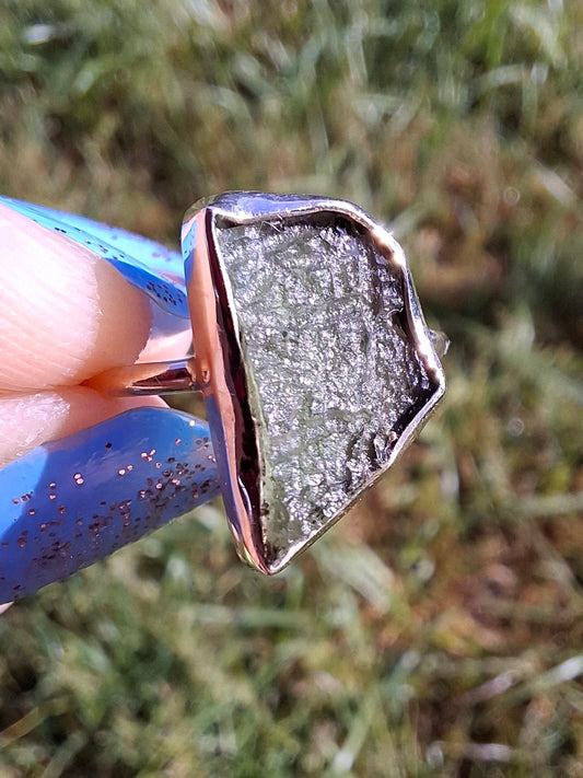 Moldavite Ring, size large M, 925 Silver, Tektite (Ref: R24)