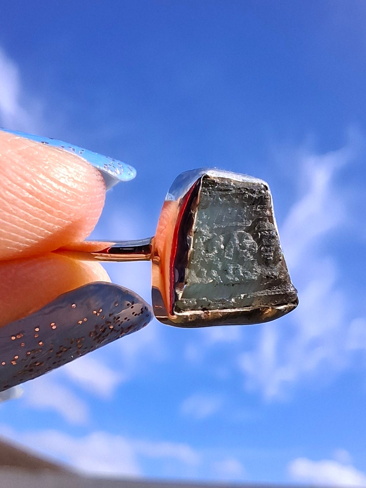 Moldavite Ring, size large P/small Q, 925 Silver, Tektite (Ref: R26)
