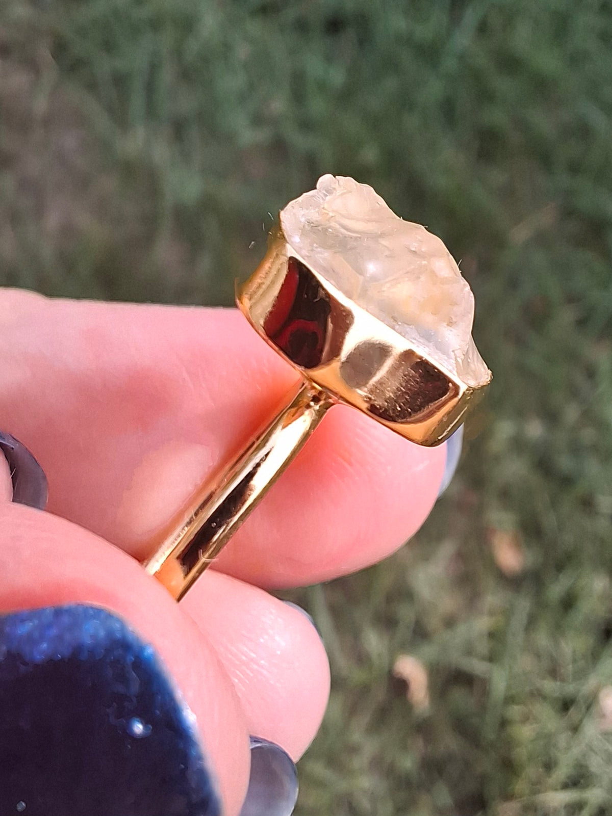 Libyan Desert Glass Ring, 14K GOLD Plated, size large N, Tektite (Ref: LR75)