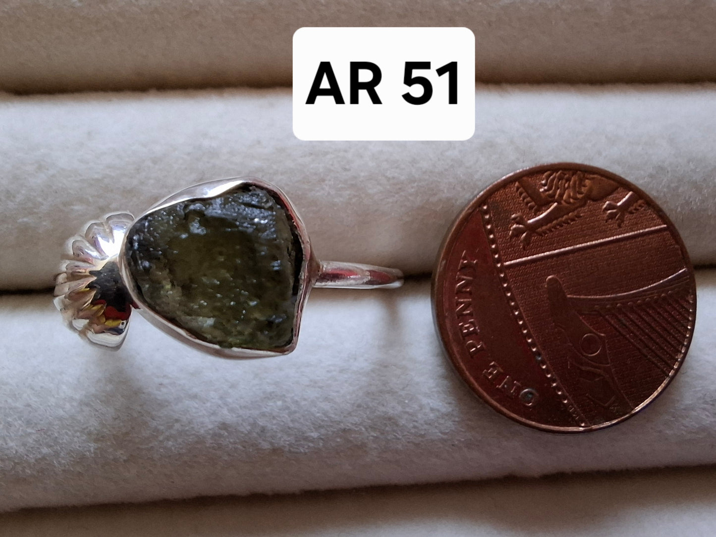 Moldavite ADJUSTABLE Ring, size large V/small W, 925 Silver, Tektite (Ref: AR51)