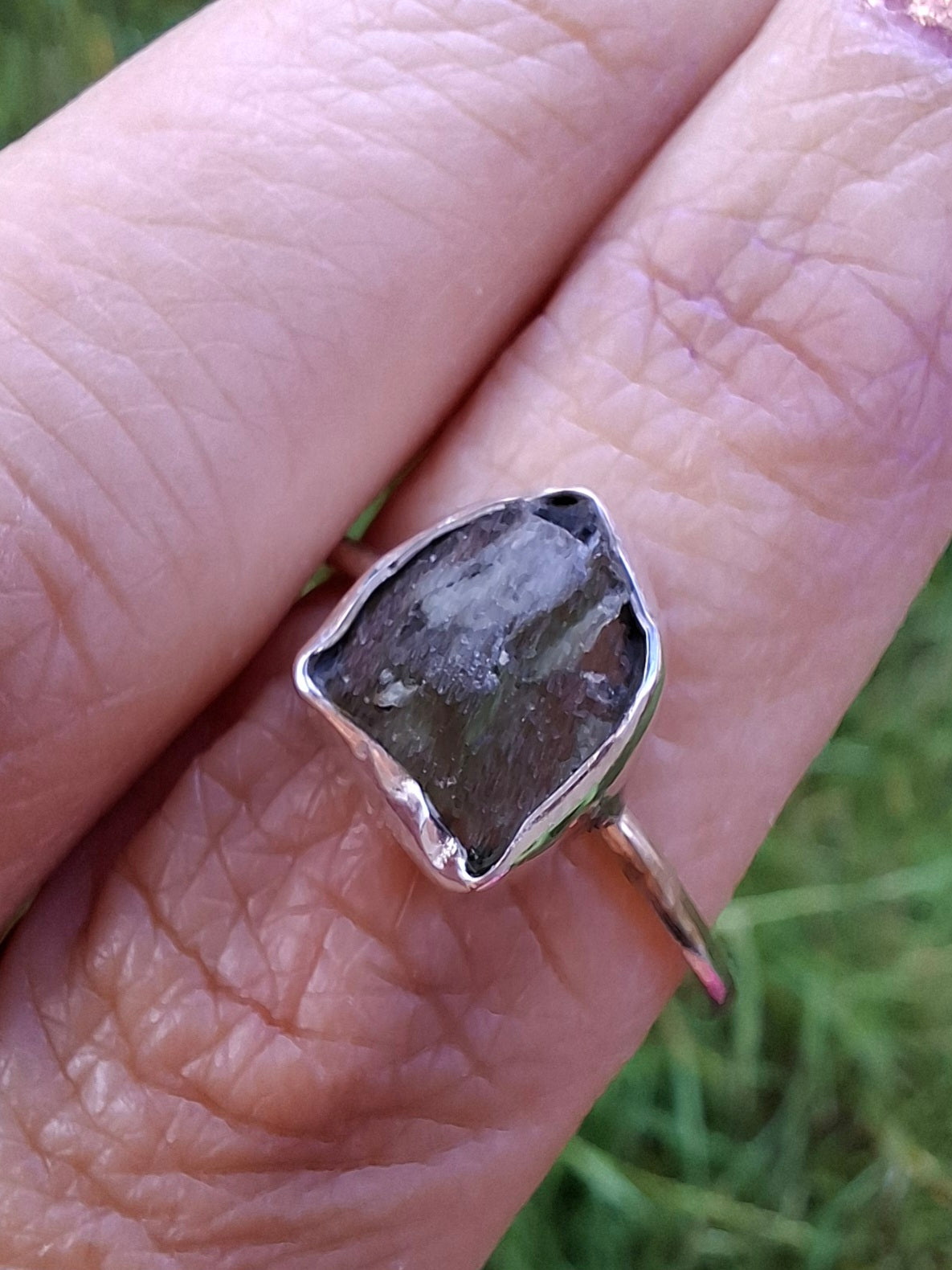 Moldavite Ring, size small U, 925 Silver, Tektite (Ref: R29)