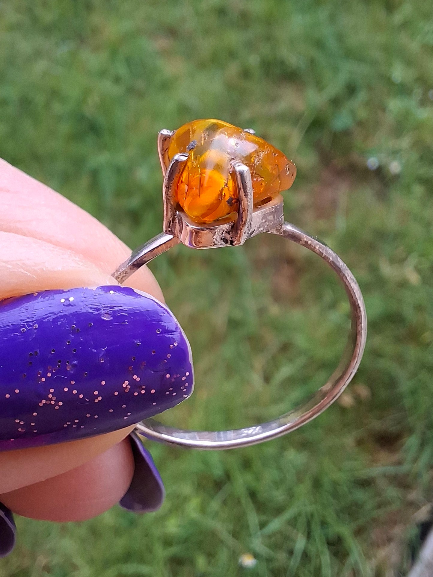 Baltic Amber Ring, size large Y, 925 Silver, Fossil (Ref: AR40)