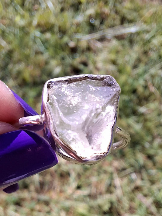 Libyan Desert Glass Ring, size small S, 925 Silver, Tektite (Ref: LR44)