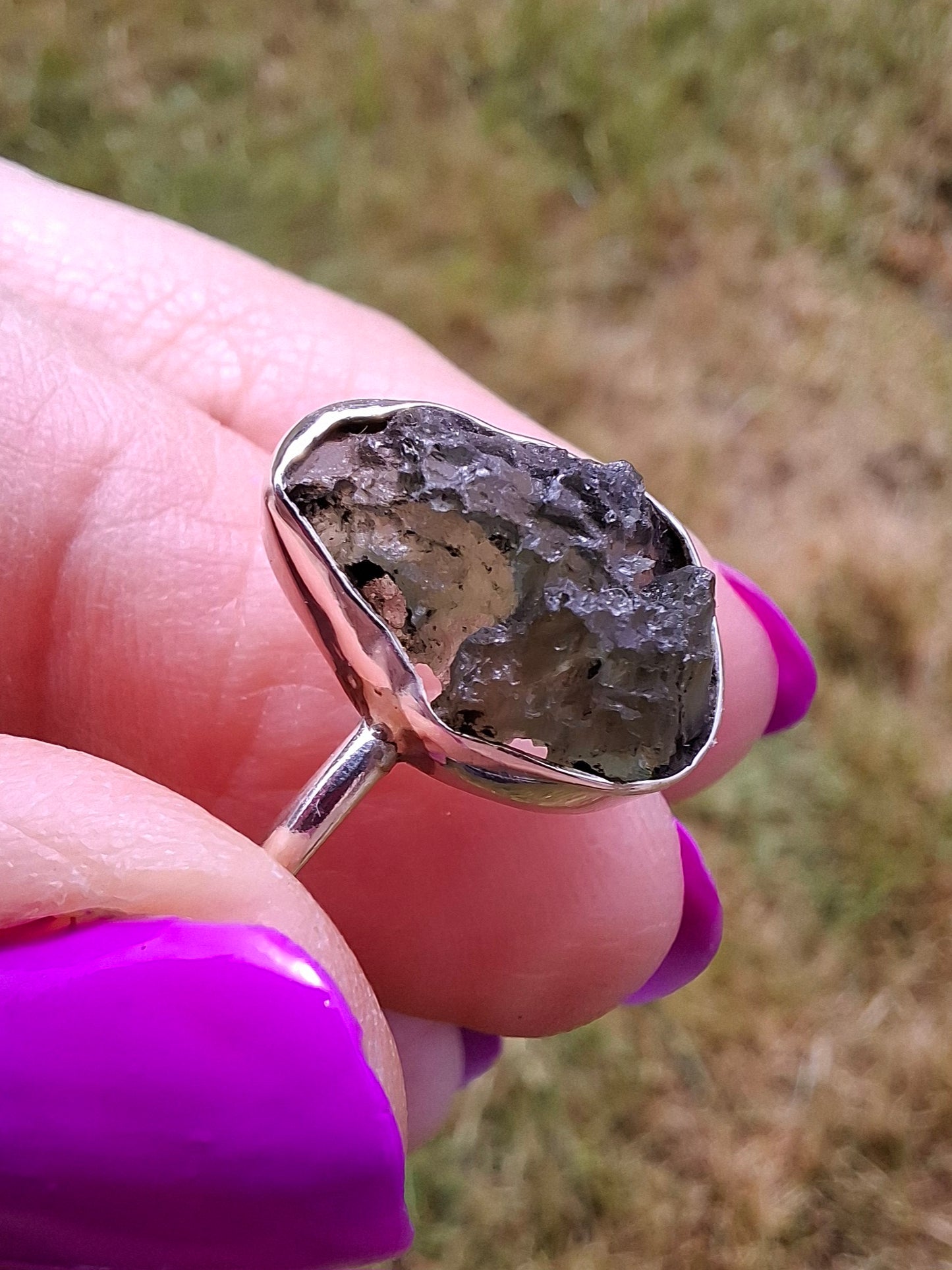 Moldavite ADJUSTABLE Ring, size large R, 925 Silver, Tektite (Ref: AR49)