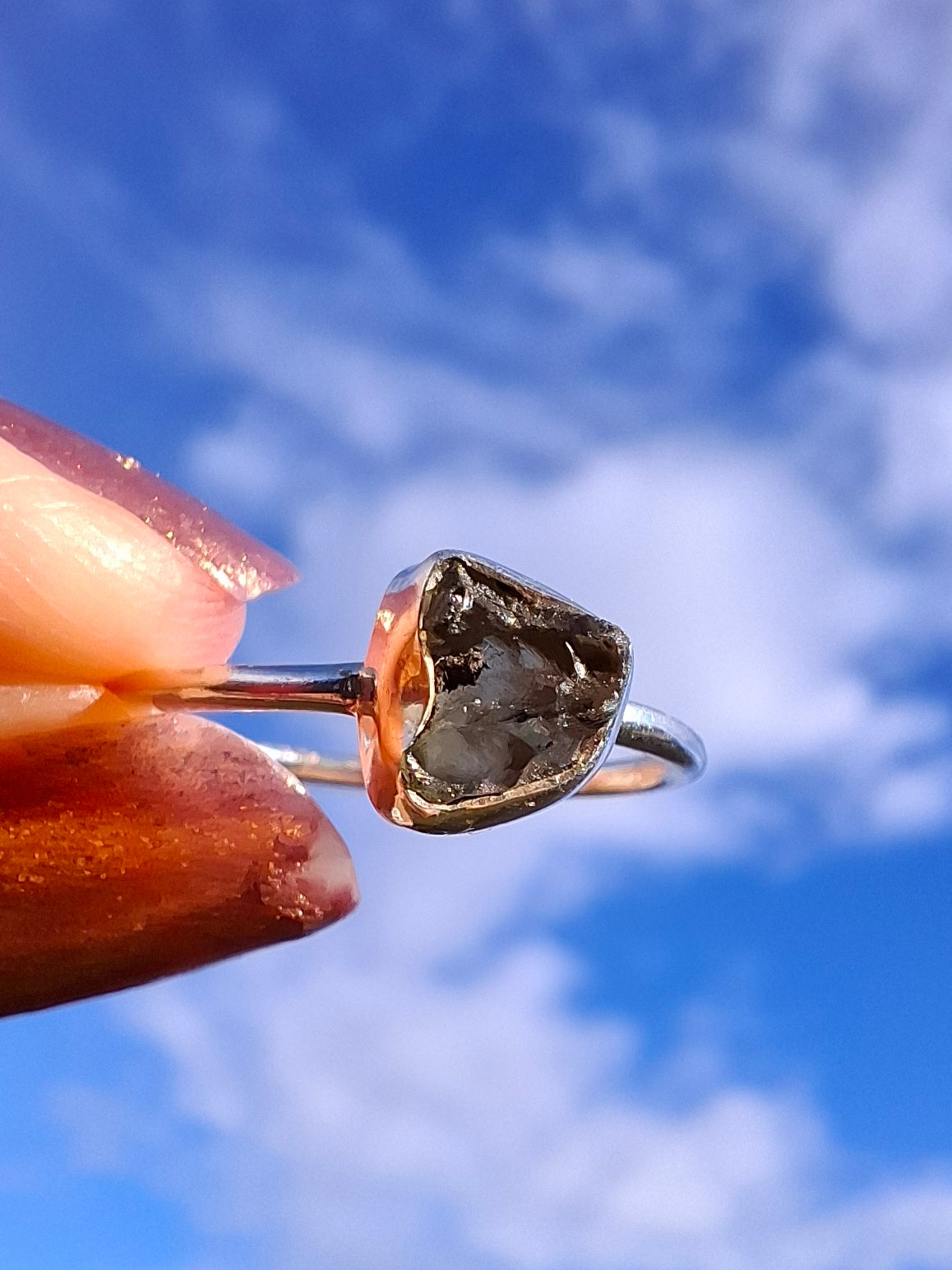Moldavite Ring, Size small L, 925 Silver, Tektite (Ref: R34)