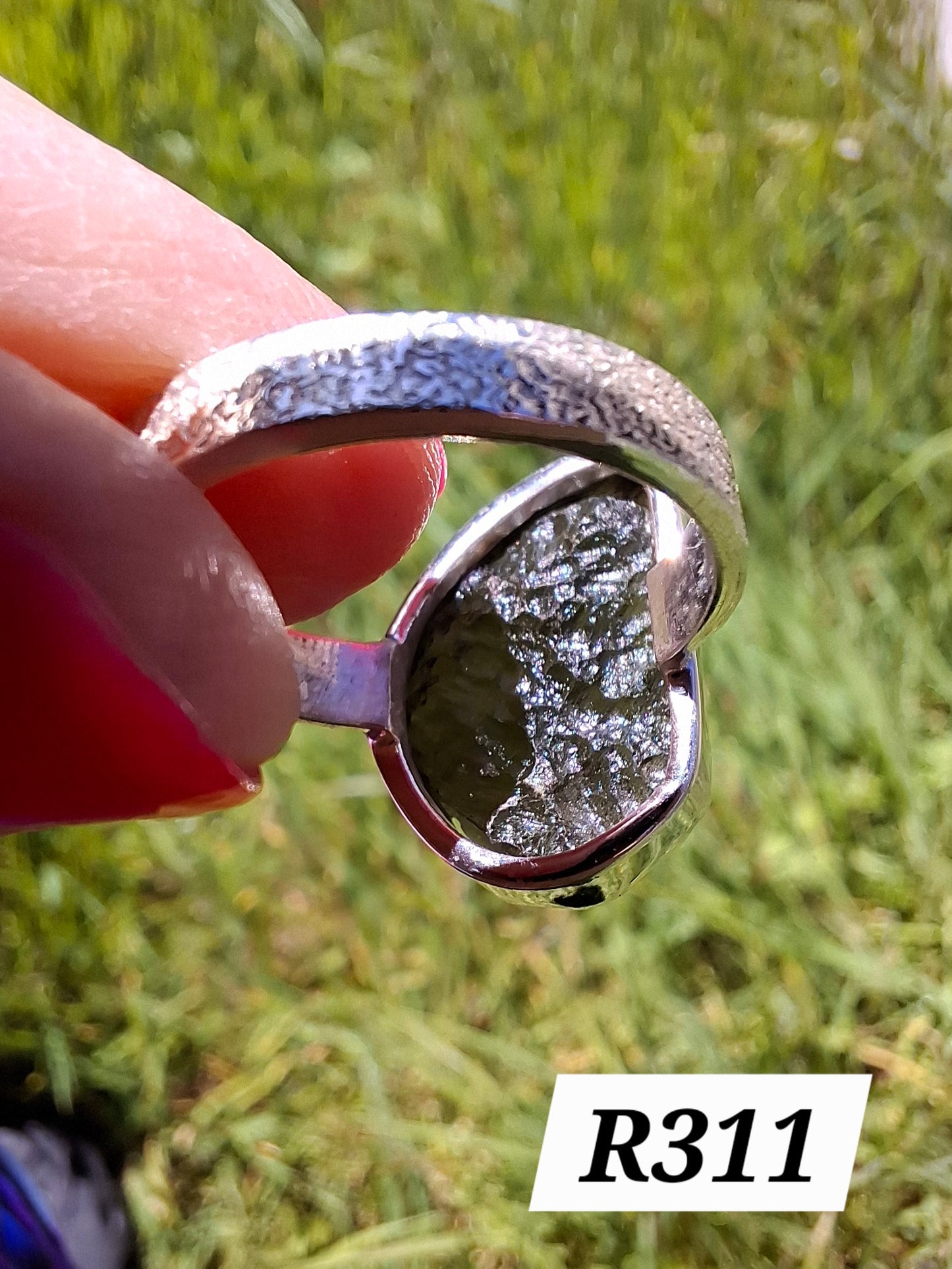 Moldavite Ring, size O, 925 Silver, Tektite (Ref: R311)