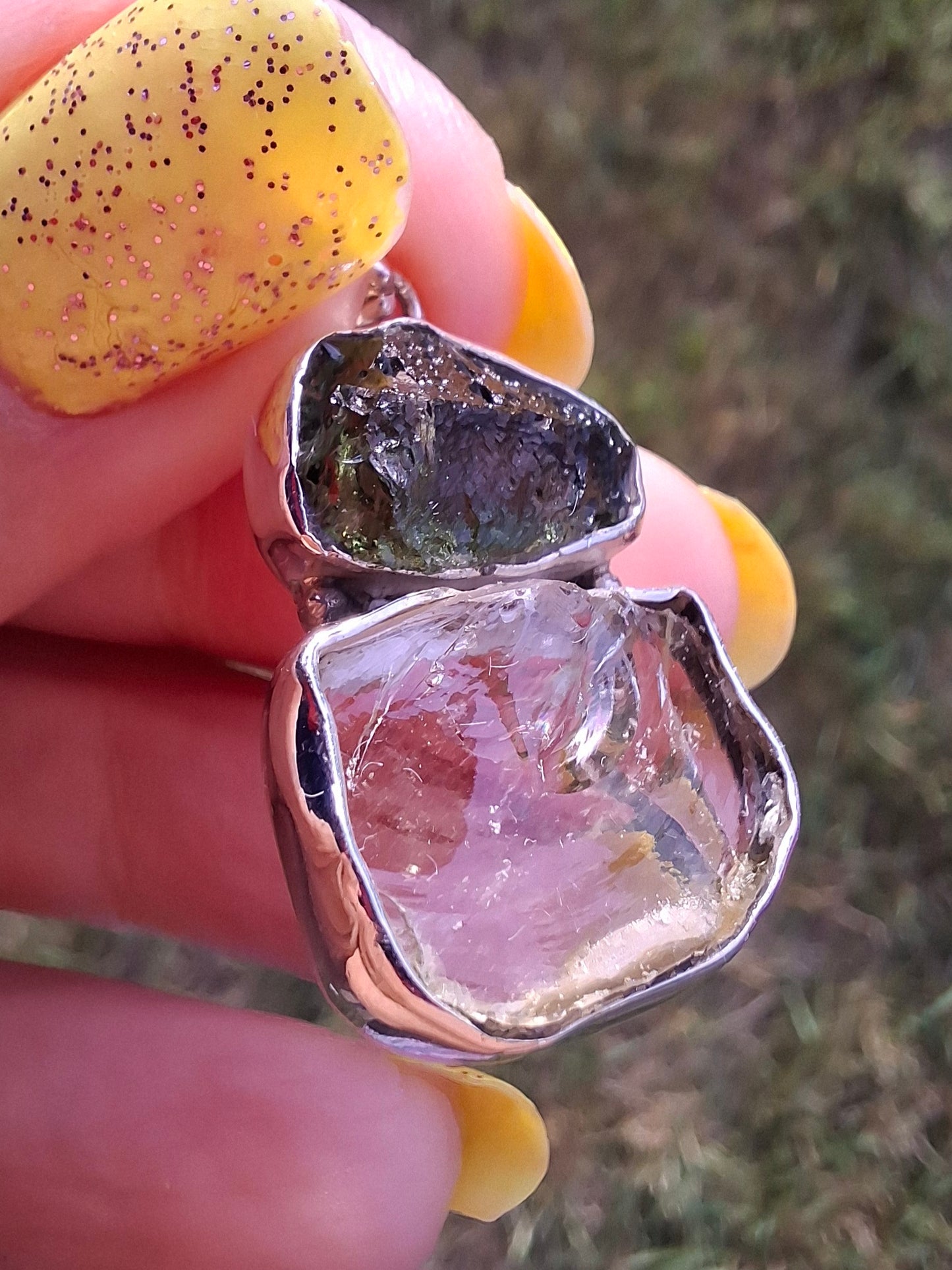 Moldavite & Libyan Desert Glass Pendant, 925 Silver, Tektite (Ref: MLP14)