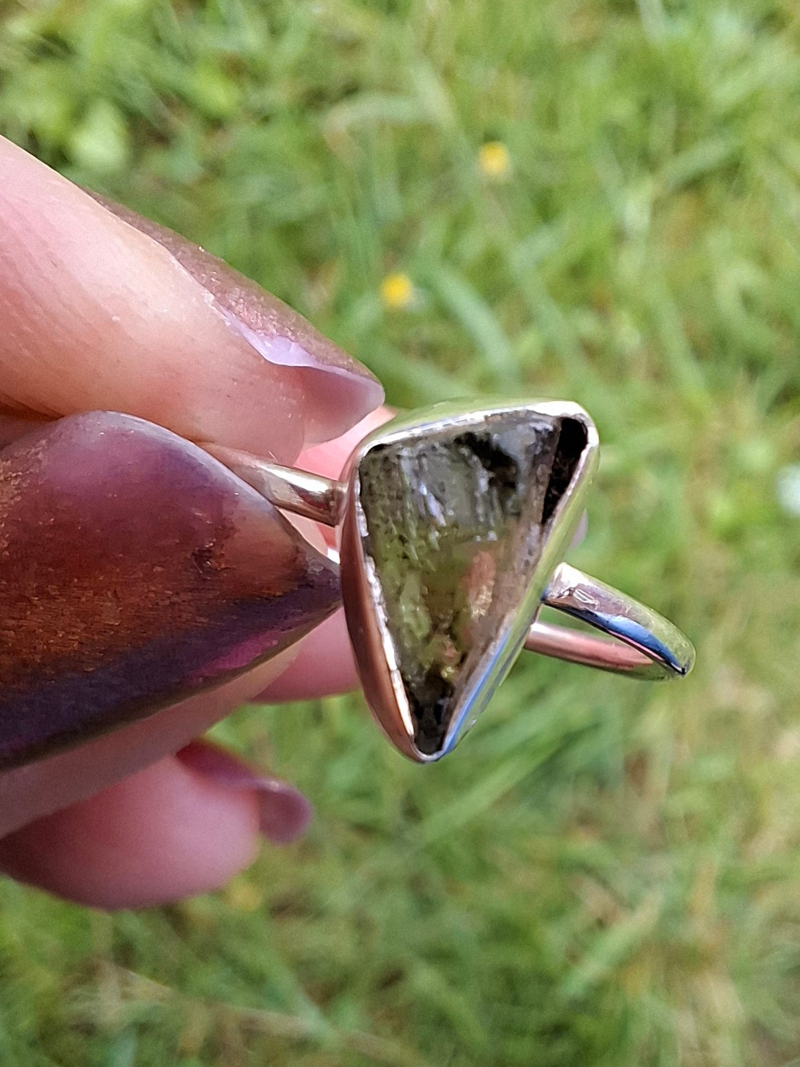 Moldavite Ring, size large K/small L, 925 Silver, Tektite (Ref: R57)