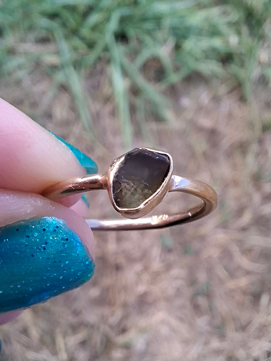 Moldavite Ring, 14K GOLD Plated, size large G / small H, Tektite (Ref: R334)