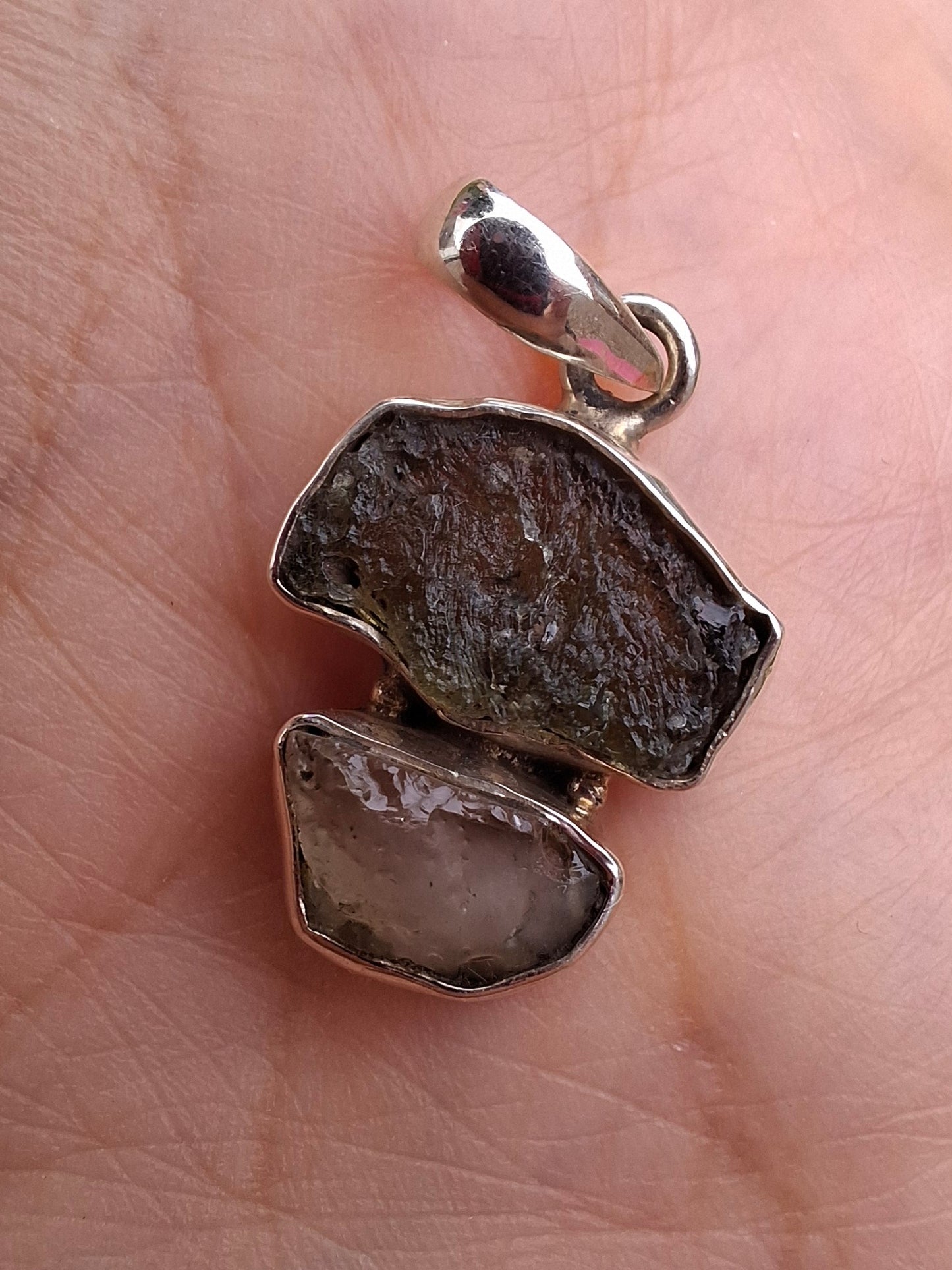 Moldavite & Libyan Desert Glass Pendant, 925 Silver, Tektite (Ref: MLP2)