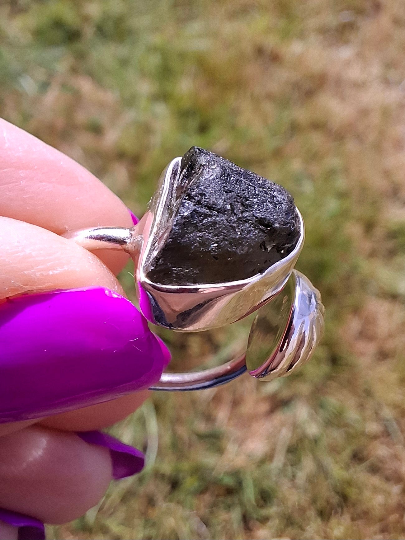 Moldavite ADJUSTABLE Ring, size large N, 925 Silver, Tektite (Ref: AR 39)