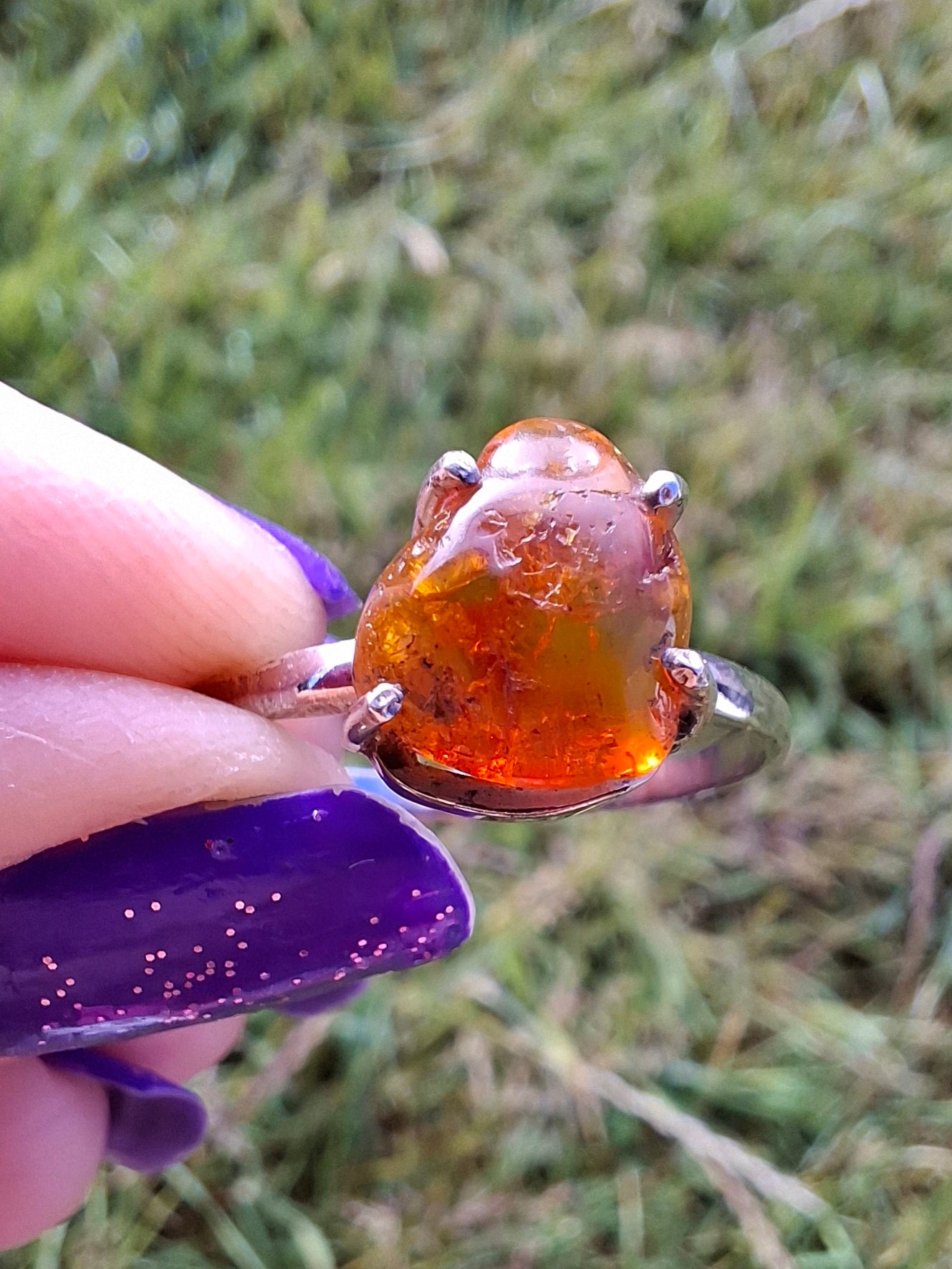 Baltic Amber Ring, size large X, 925 Silver, Fossil (Ref: AR34)