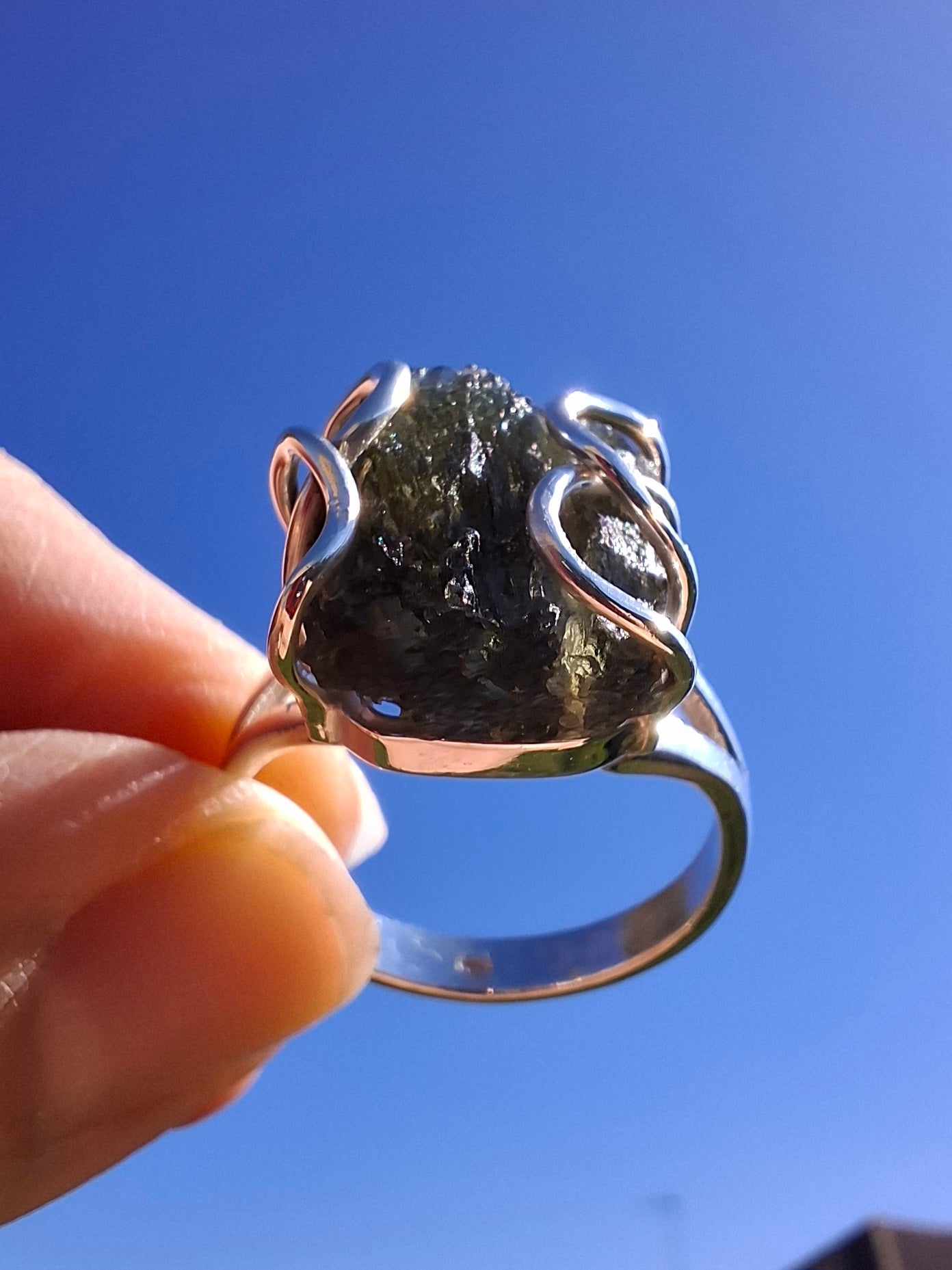 Moldavite Ring, size U, 925 Silver, Tektite (Ref: R14)