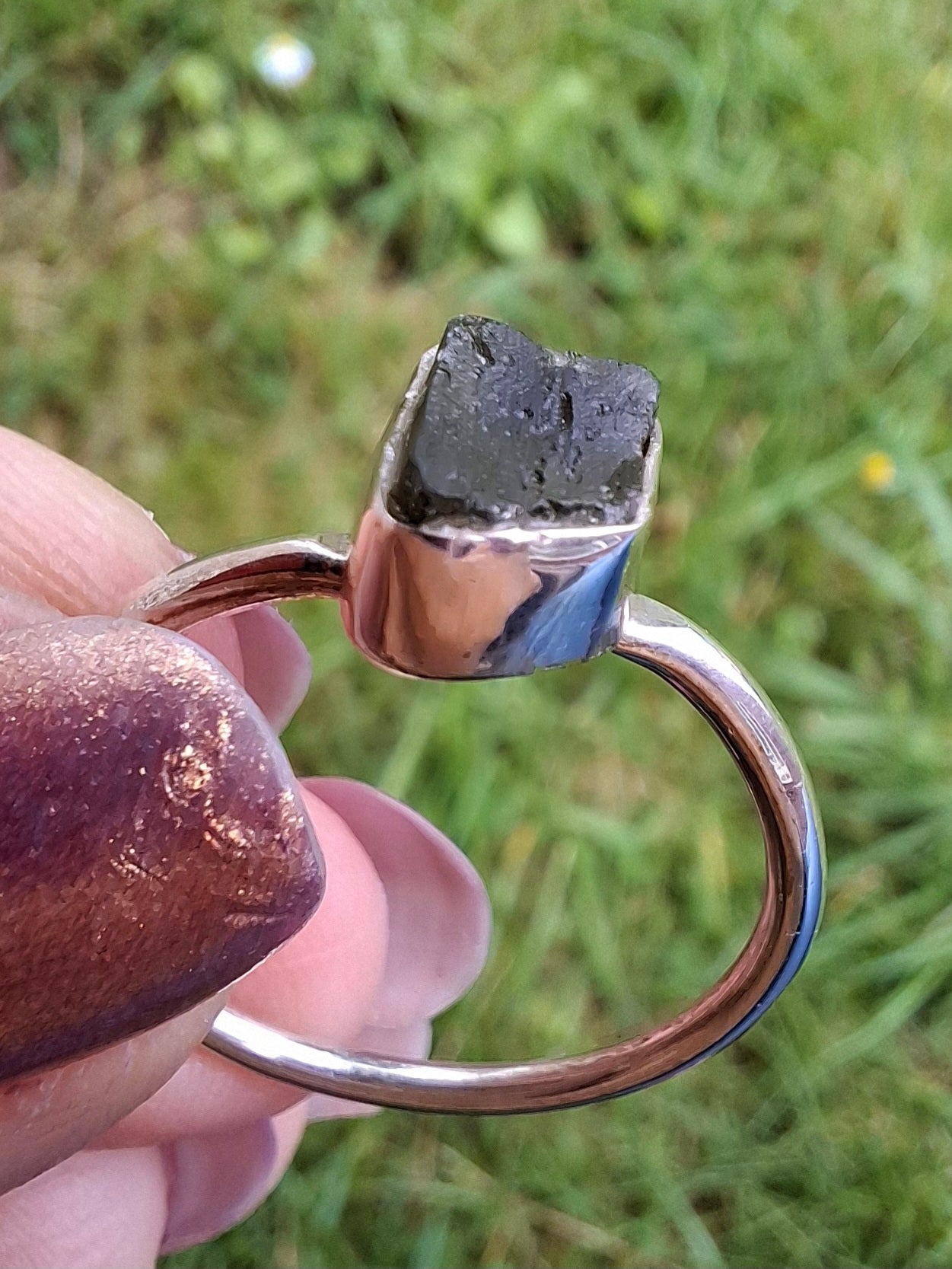 Moldavite Ring, size small W, 925 Silver, Tektite (Ref: R59)