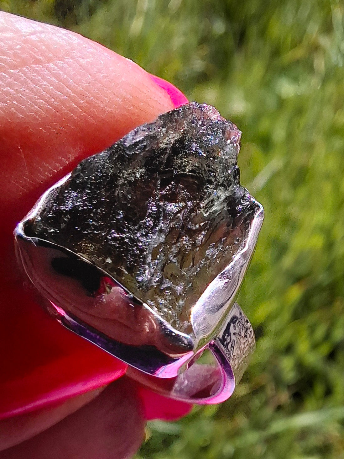 Moldavite Ring, size K, 925 Silver, Tektite (Ref: R302)