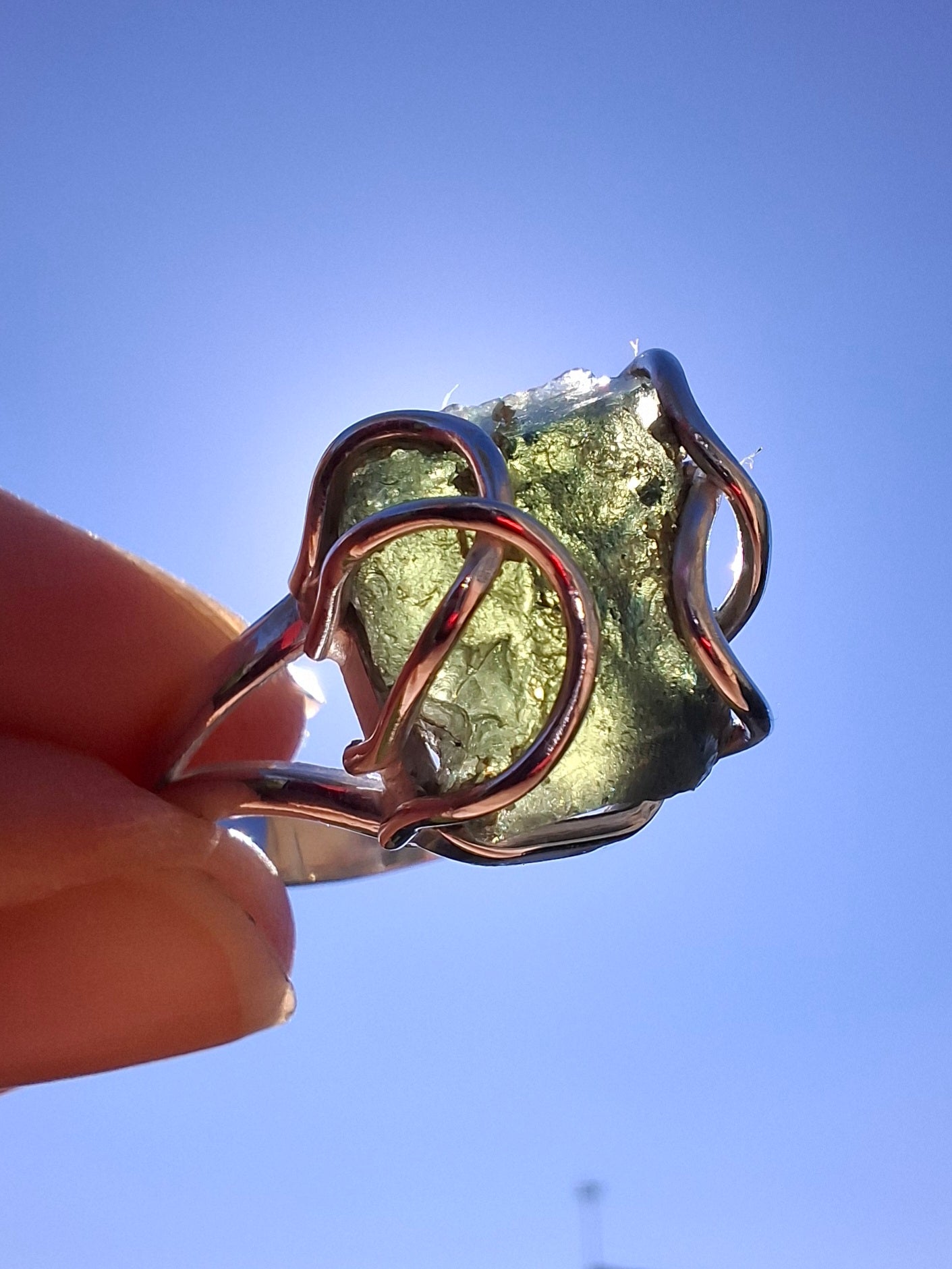 Moldavite Ring, size Q, 925 Silver, Tektite (Ref: R11)