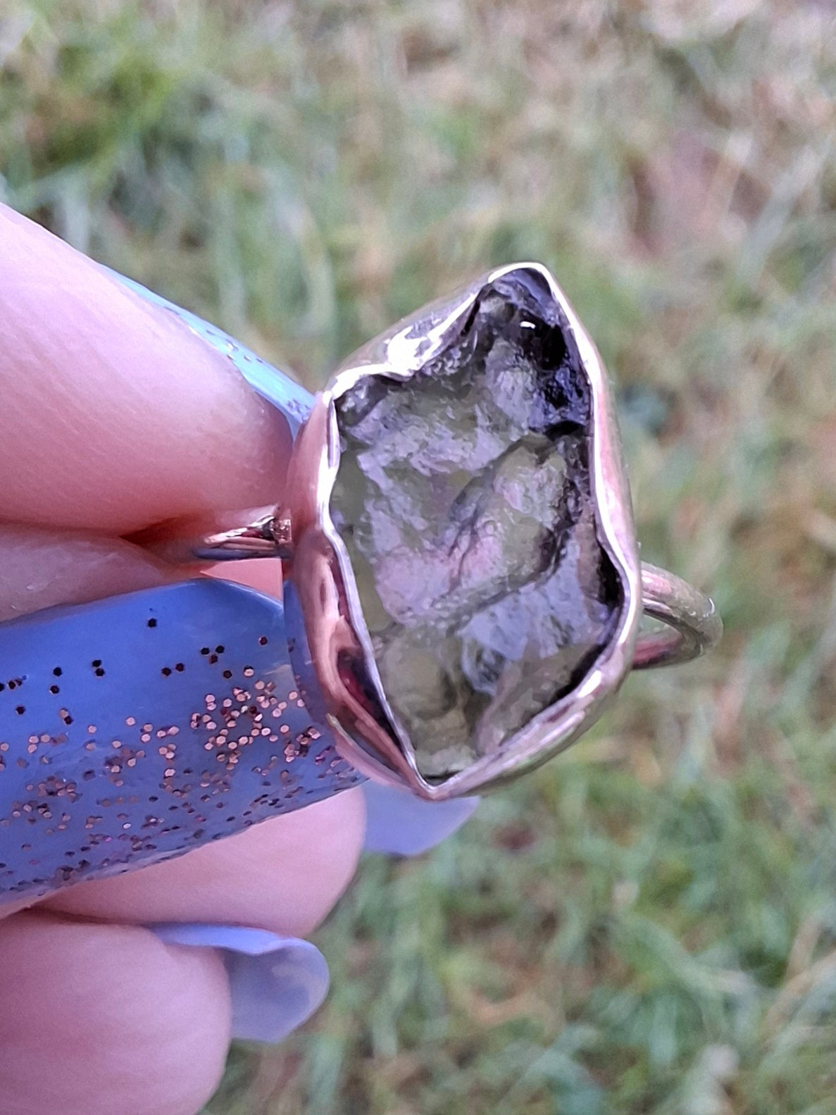 Moldavite Ring, size M, 925 Silver, Tektite (Ref: R22)