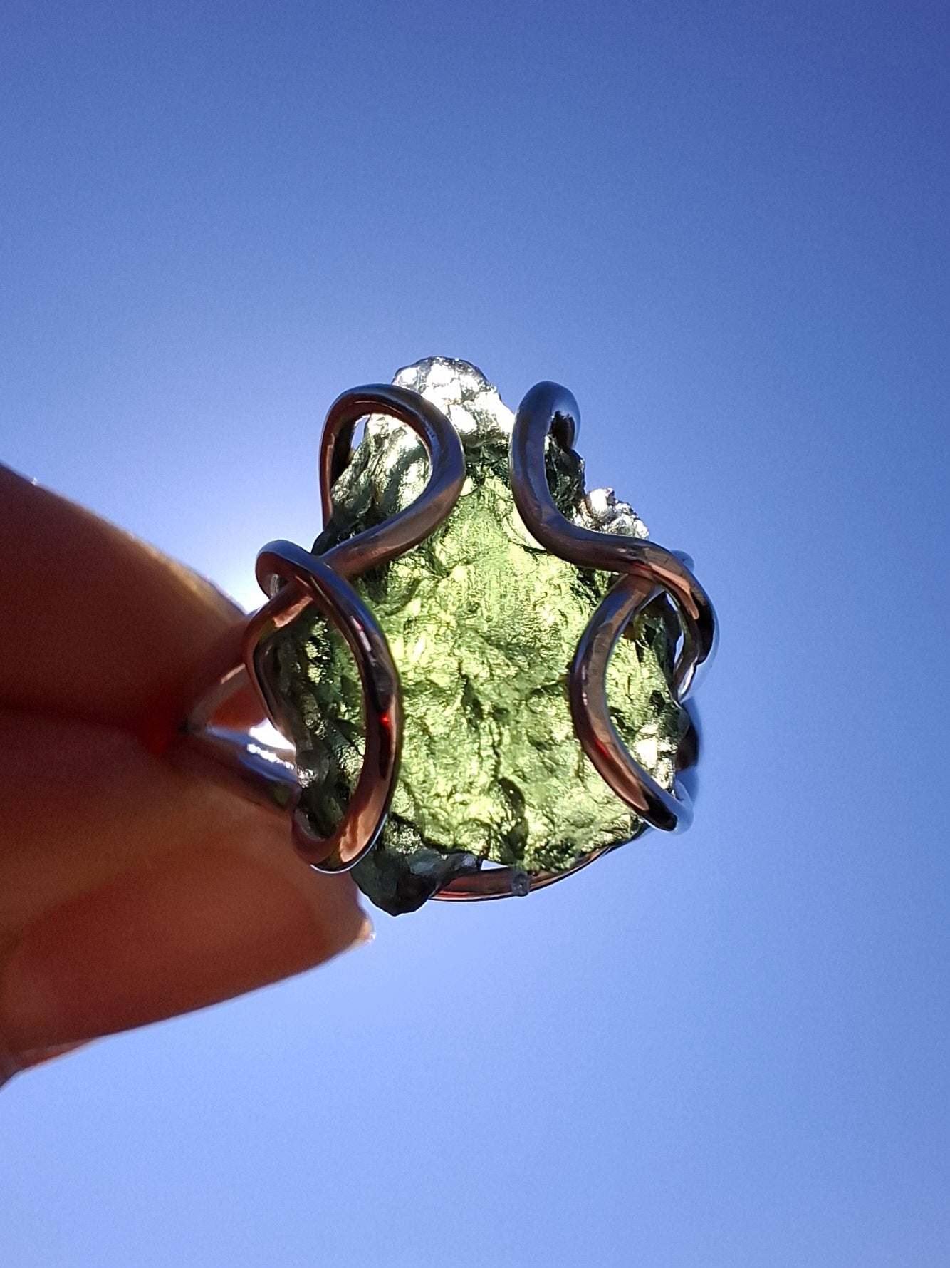 Moldavite Ring, size O, 925 Silver, Tektite (Ref: R7)