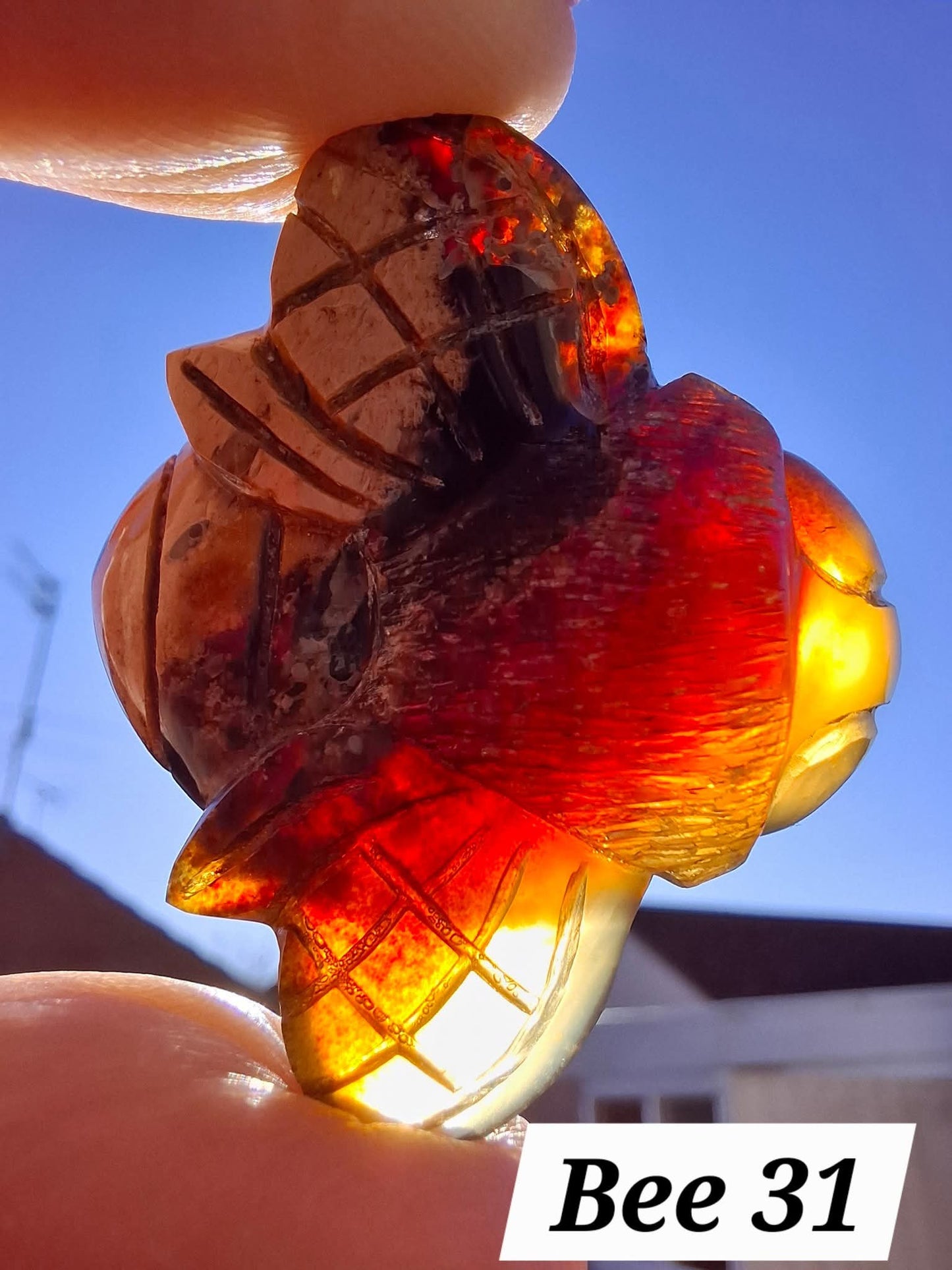 Red Amber Honey Bee Carving, 7.00g, Fossil (Ref: Bee31)