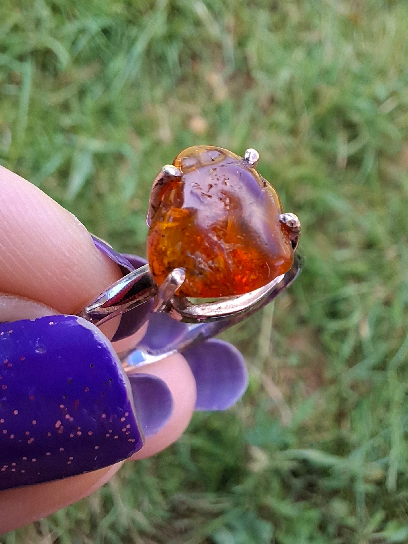 Baltic Amber Ring, size large X, 925 Silver, Fossil (Ref: AR34)