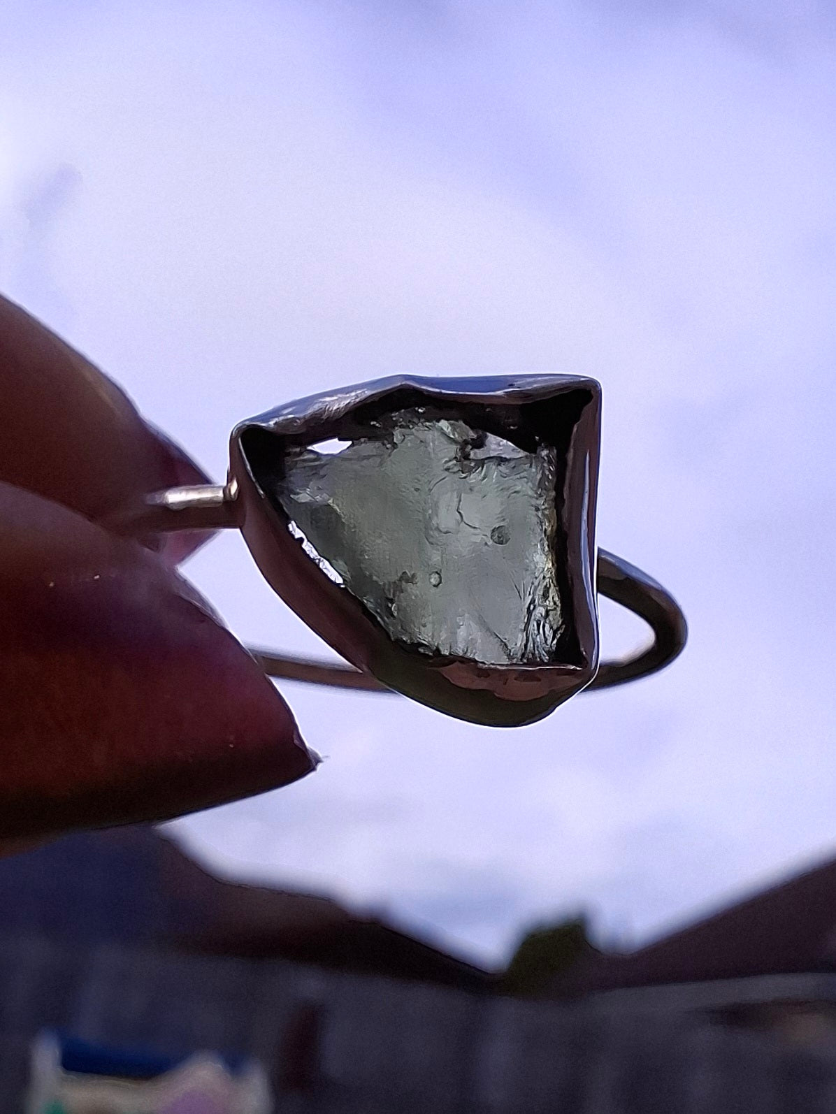 Moldavite Ring, size large T, 925 Silver, Tektite (Ref: R28)