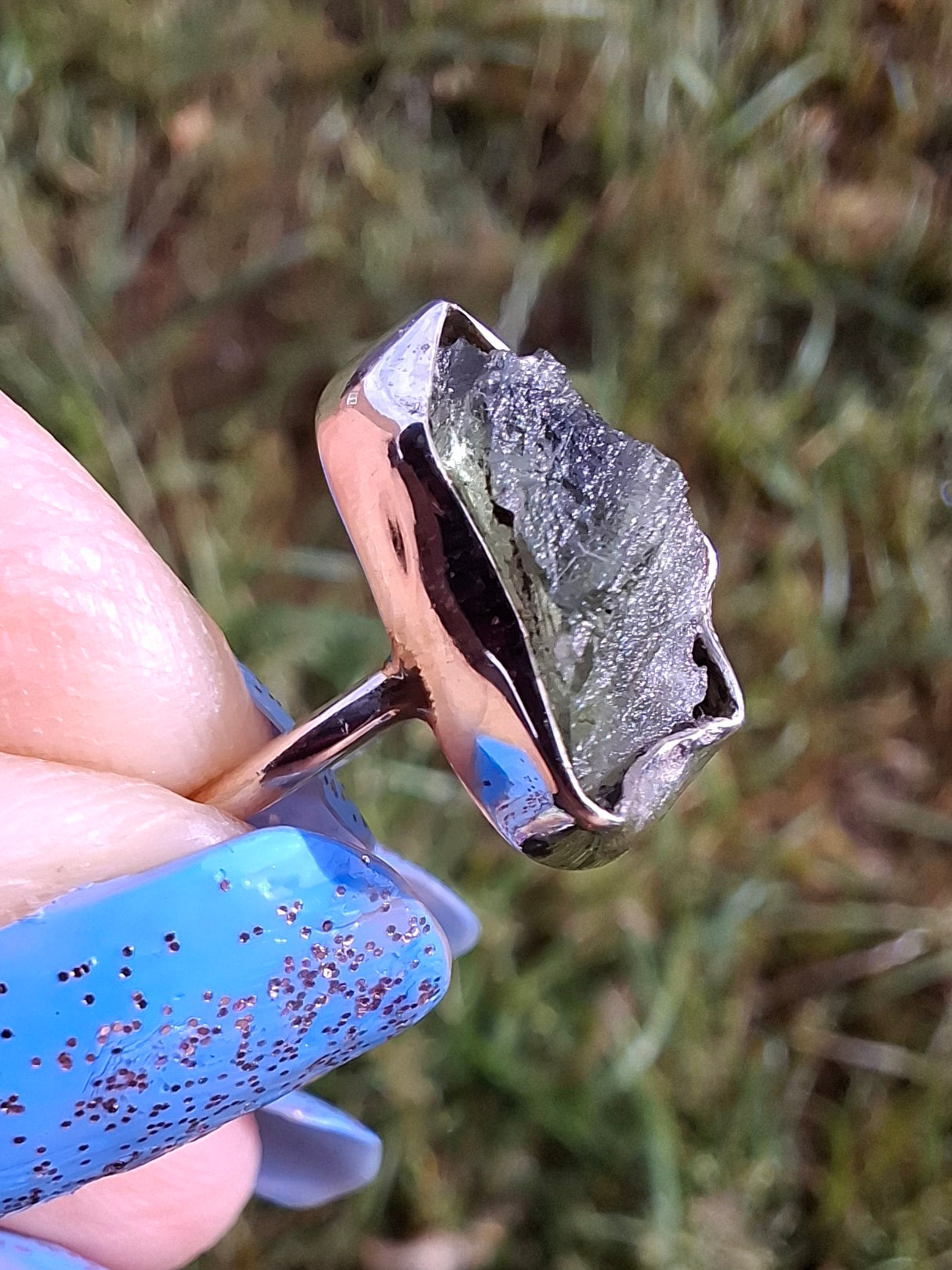 Moldavite Ring, size large G/small H, 925 Silver, Tektite (Ref: R19)