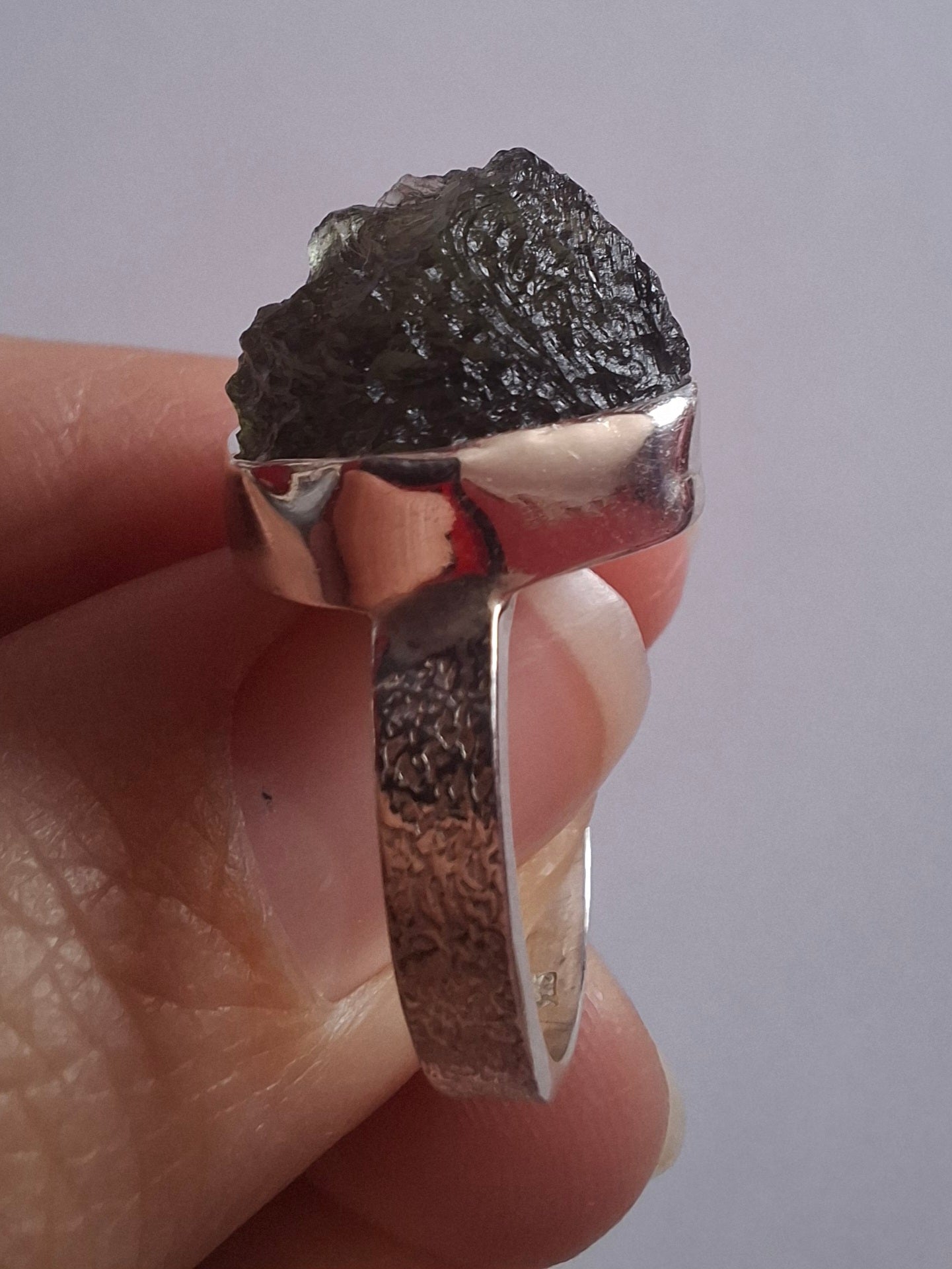 Moldavite Ring, size O, 925 Silver, Tektite (Ref: R312)