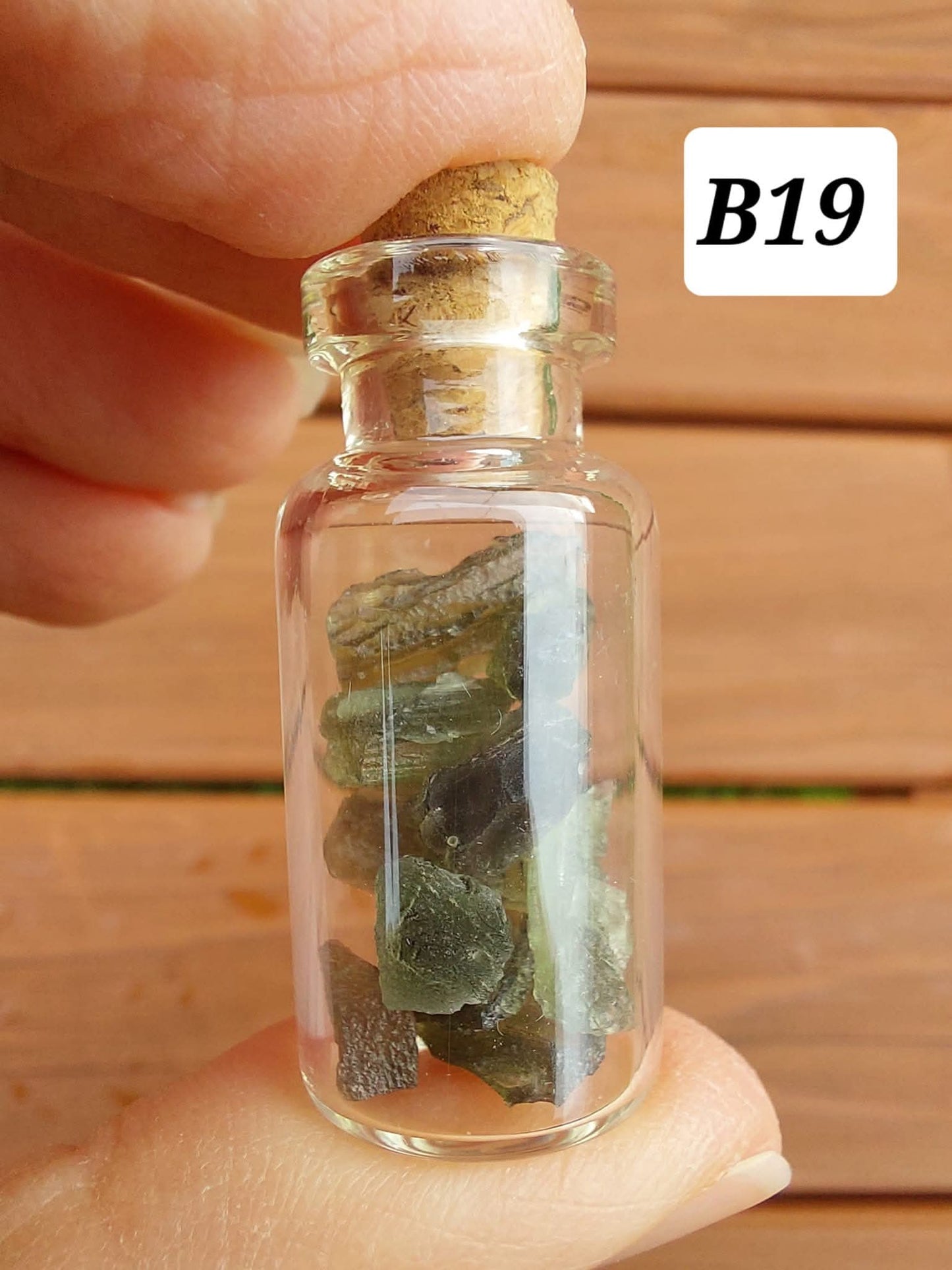 Moldavite chips (2.50g) in 3ml glass Bottle, Tektite (Ref: B19)