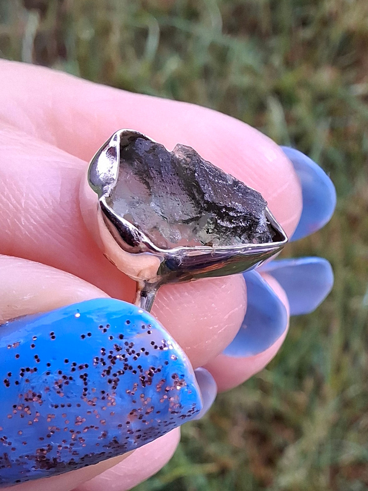 Moldavite Ring, size large G/small H, 925 Silver, Tektite (Ref: R19)
