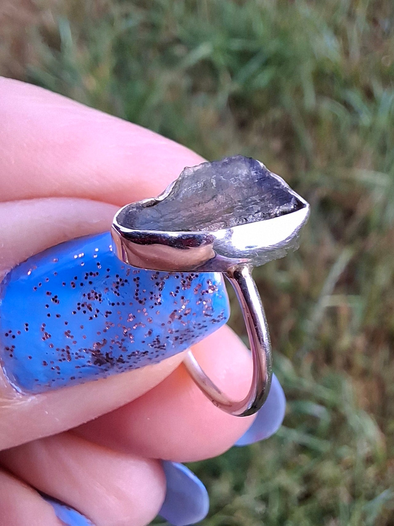 Moldavite Ring, size Large G, 925 Silver, Tektite (Ref: R18)