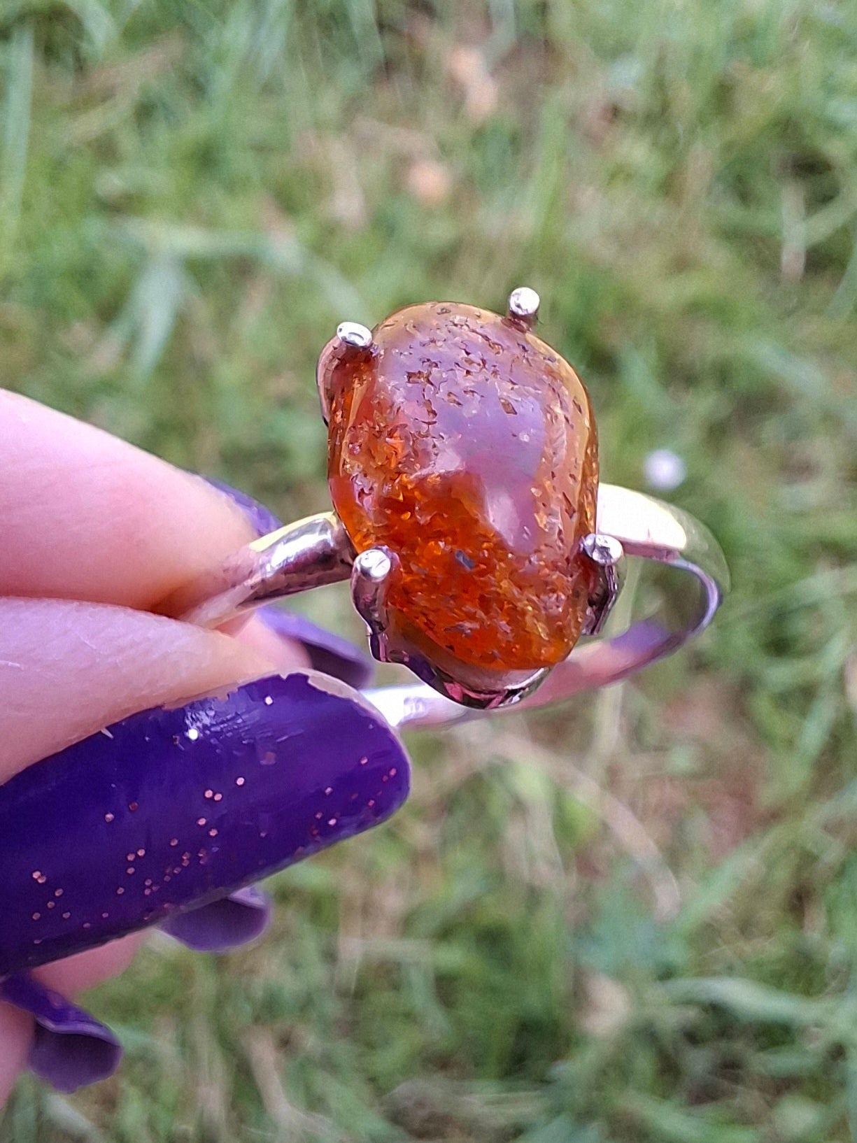 Baltic Amber Ring, size large X, 925 Silver, Fossil (Ref: AR32)