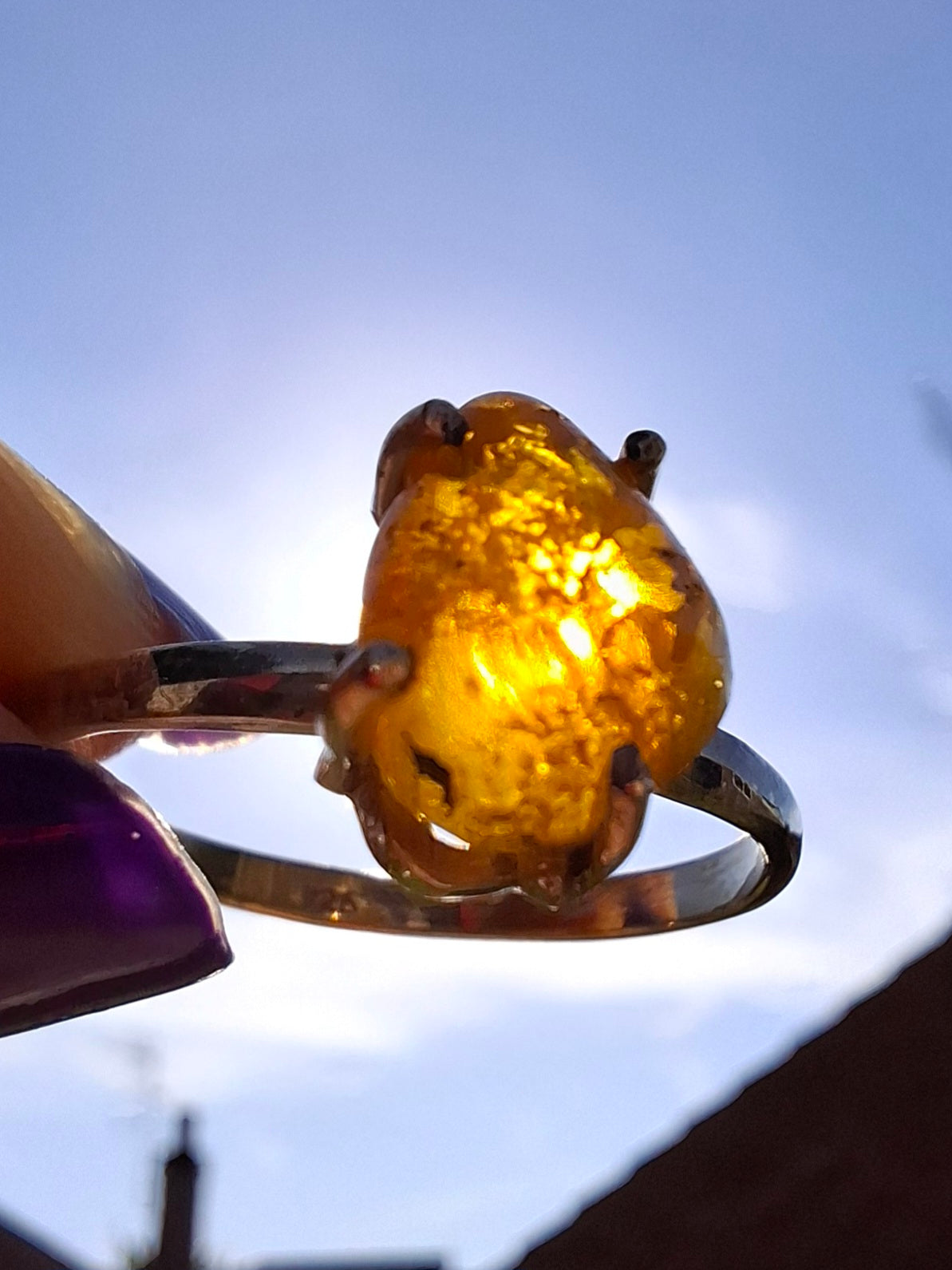 Baltic Amber Ring, size large Y, 925 Silver, Fossil (Ref: AR37)