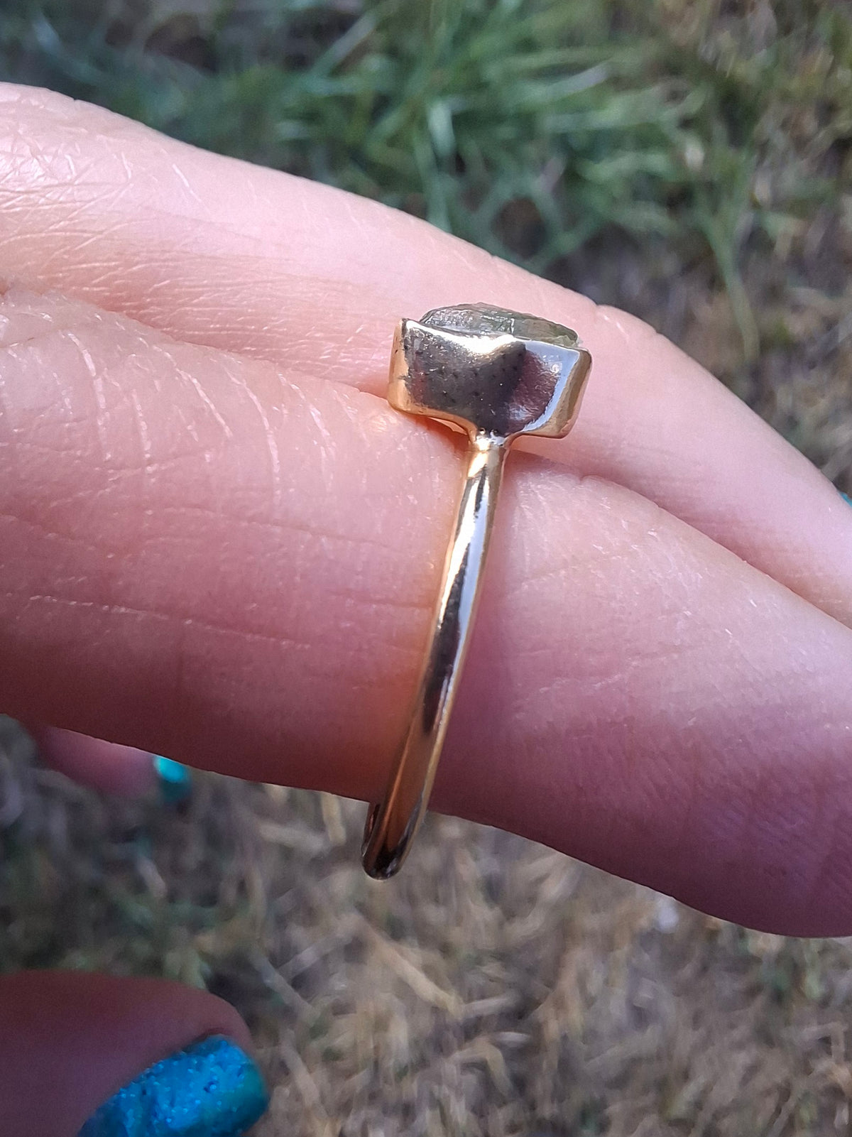 Moldavite Ring, 14K GOLD Plated, size large J, Tektite (Ref: R338)