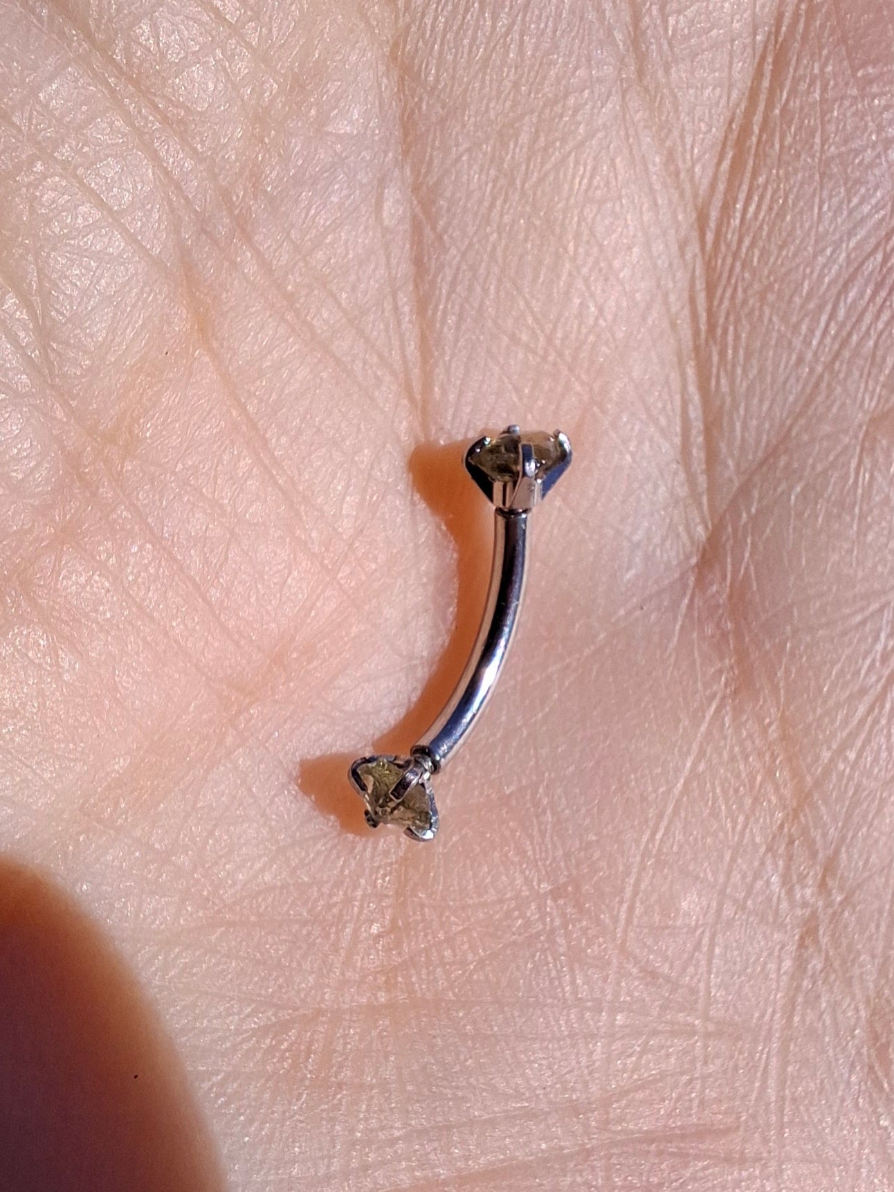 Moldavite (raw) CURVED BARBELL eyebrow body bar, 16G, Surgical steel, Tektite (Ref: CB5)