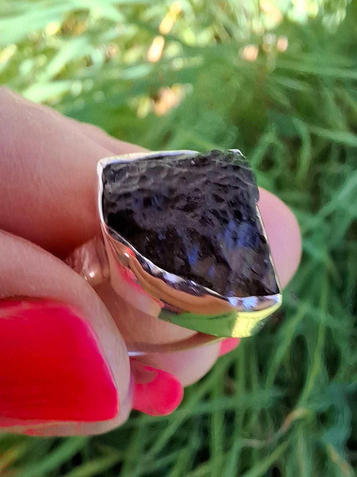 Moldavite Ring, size P, 925 Silver, Tektite (Ref: R314)