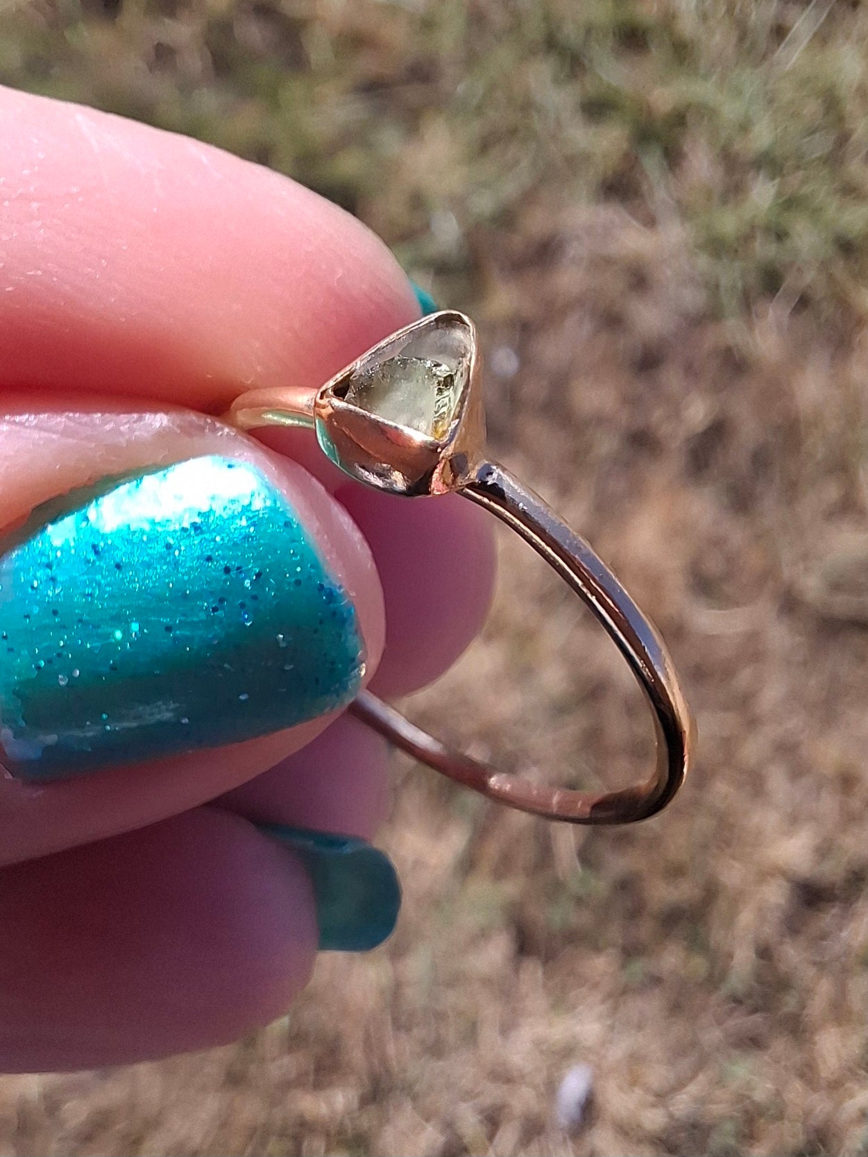 Moldavite Ring, 14K GOLD Plated, size large T, Tektite (Ref: R349)