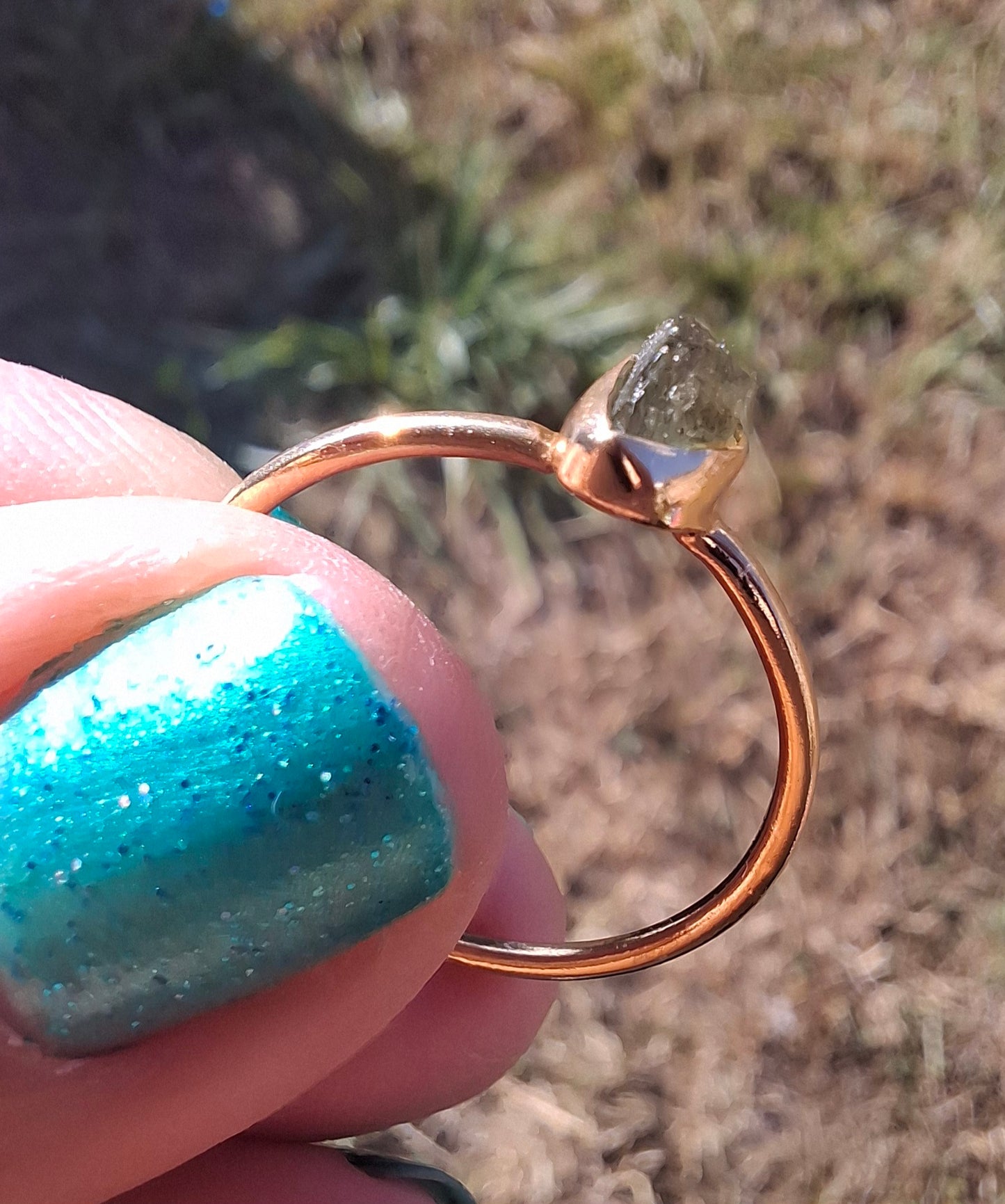 Moldavite Ring, 14K GOLD Plated, size large S / small T, Tektite (Ref: R352)