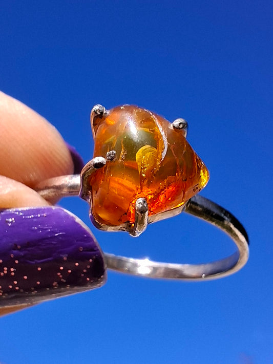 Baltic Amber Ring, size large Y, 925 Silver, Fossil (Ref: AR40)